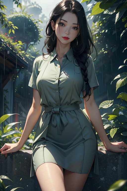 1 woman，45 years old，married woman，Long legs, Thin waist， Exposure to photos， single，（background with：At the forest，rain forest，in the summer） She has long black hair.，Red lipstick，stand up，Can be seen from the front， pinch， The sky is mostly cloudy.，（（（Masterpiece），（วอลล์เปเปอร์ CG รวม 8k ที่มีรายVery detailed），best quality best，movie light，Detailed background，beautiful right pupil，（very delicate, beautiful），（Beautiful and detailed description of eyes），Very detailed，Masterpiece，）），Facing the camera，High resolution，Very detailed），reveal，equipment， Embossed，camel toe，Increase sexiness，soldier（Dress up：，green clear shirt，）