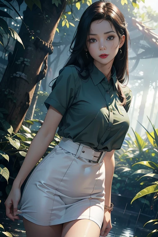 1 woman,45 years old,married woman,Long legs, Thin waist, Exposure to photos, single,(background with:At the forest,rain forest,in the summer) She has long black hair.,Red lipstick,stand up,Can be seen from the front, pinch, The sky is mostly cloudy.,(((Masterpiece),(วอลล์เปเปอร์ CG รวม 8k ที่มีรายVery detailed),best quality best,movie light,Detailed background,beautiful right pupil,(very delicate, beautiful),(Beautiful and detailed description of eyes),Very detailed,Masterpiece,)),Facing the camera,High resolution,Very detailed),reveal,equipment, Embossed,camel toe,Increase sexiness,soldier(Dress up:,green clear shirt,)