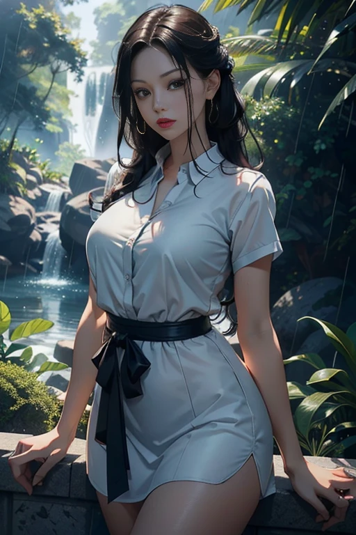 1 woman,45 years old,married woman,Long legs, Thin waist, Exposure to photos, single,(background with:At the forest,rain forest,in the summer) She has long black hair.,Red lipstick,stand up,Can be seen from the front, pinch, The sky is mostly cloudy.,(((Masterpiece),(วอลล์เปเปอร์ CG รวม 8k ที่มีรายVery detailed),best quality best,movie light,Detailed background,beautiful right pupil,(very delicate, beautiful),(Beautiful and detailed description of eyes),Very detailed,Masterpiece,)),Facing the camera,High resolution,Very detailed),reveal,equipment, Embossed,camel toe,Increase sexiness,soldier(Dress up:,green clear shirt,)