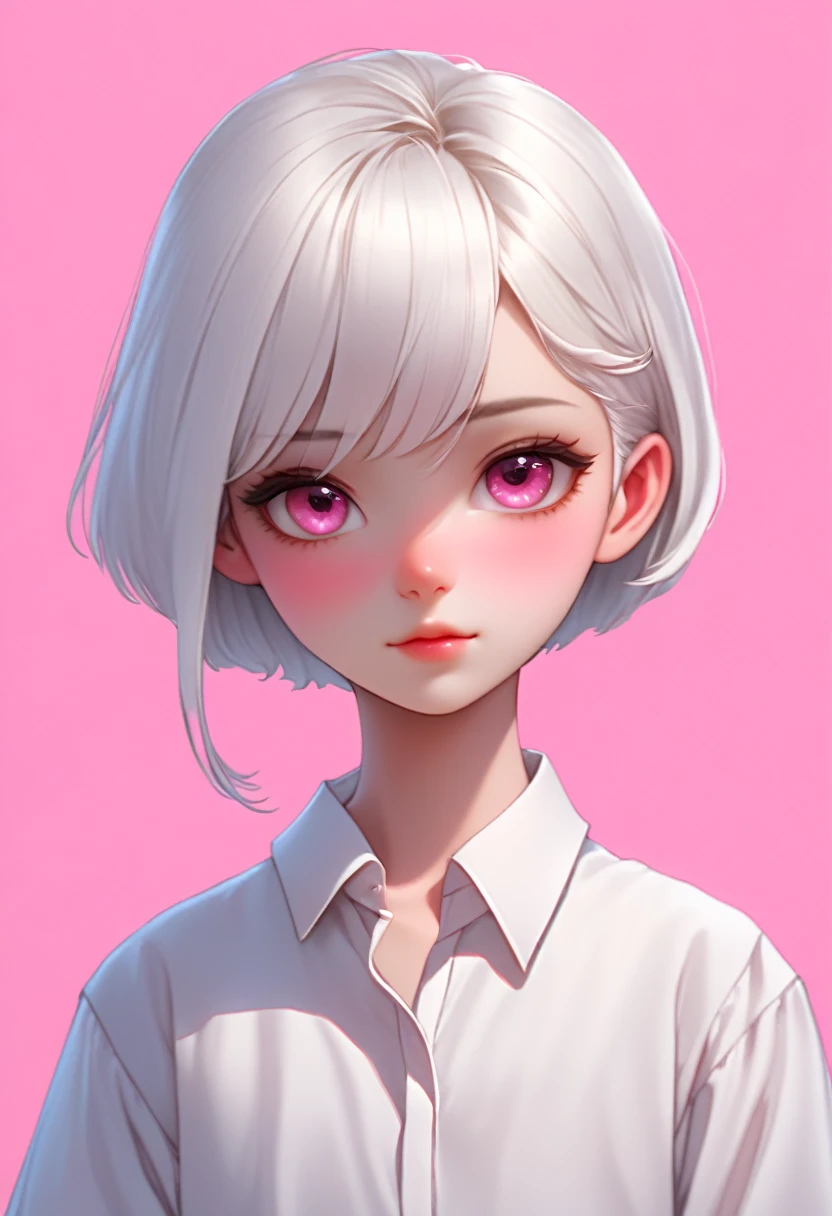 boy, with short white hair, White color blouse, Beautiful face, pink back ground, first-person view, best quality, high details