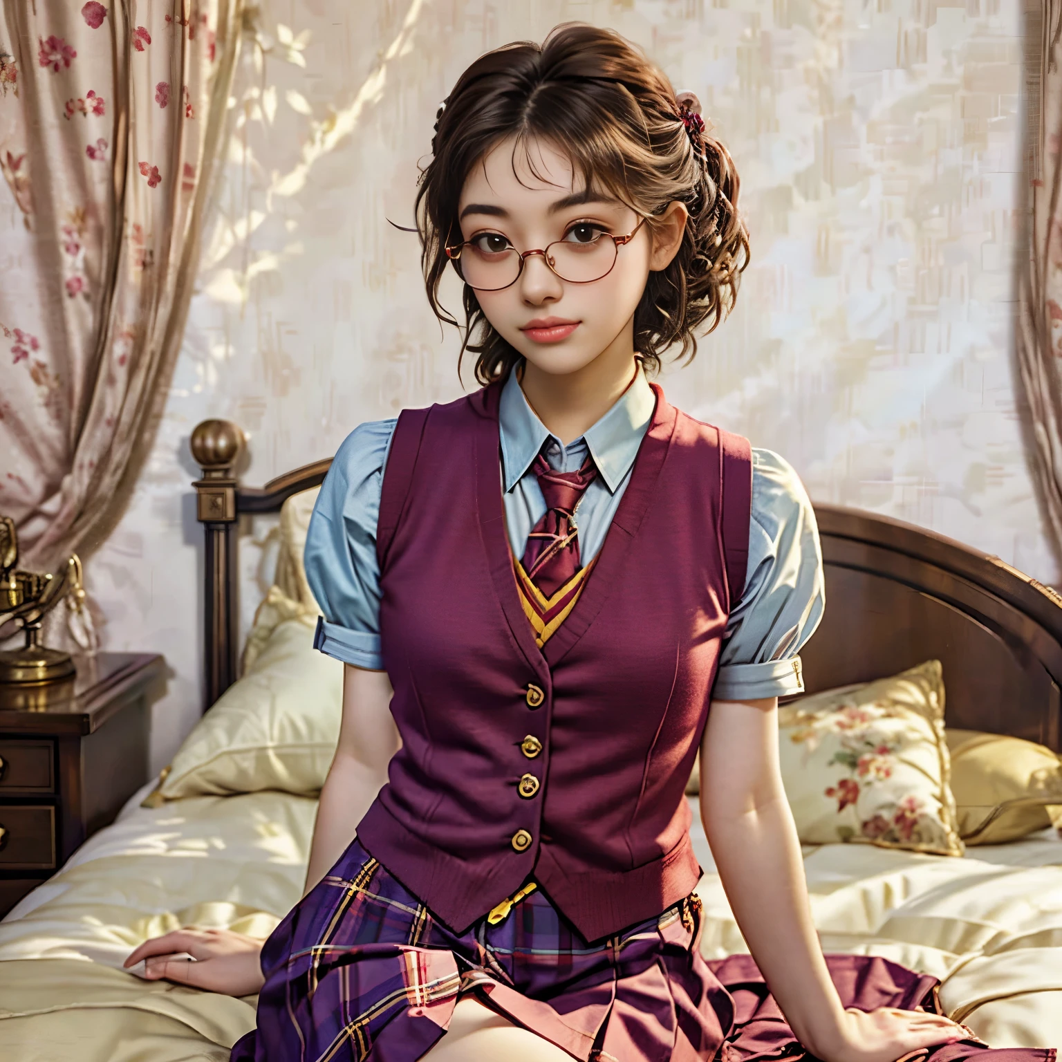 arafed woman sitting on a bed wearing a red vest and tie, a picture inspired by Hermione Hammond, instagram, renaissance, with square glasses, seifuku, she wears harry potter glasses, vintage aesthetic, kiko mizuhara, preppy style, magical school student uniform, inspired in balthus, harry potter style, 🌺 cgsociety, finn wolfhard