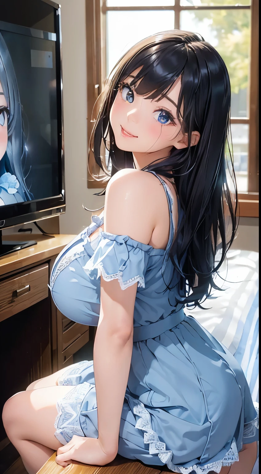 (on the table: 1.3), (maximum resolution: 1.2), (ultra high definition tv: 1.2), movie lighting, ultra high definition tv, (delicate eyes and skin), (detailed facial features), North African Free Trade Area, 8K resolution, sharp focus: 1.2, perfect style, cute face, perfect body, Accurate, anatomically correct, Highly detailed face and skin texture, delicate eyes, dark blue eyes, double eyelid, thin eyebrows, glitter eyeliner: 1.2, natural cheeks, shiny skin, white skin: 1.2, (glossy lips: 1.4), rest, one person'perspective, (She is a very cute female teacher..), (blue lace、stockings), (smile: 1.2), ((innocent and cute girl:1.3)), (long wavy hair), (light brown hair:1.2), rest, ((very close relationship: 1.2)), Moderately, ((looking at the audience:1.2)), (hotel room:1.2)), ((please bend your knees:1.2)), (From the side:1.2),low angle shot,Off-the-shoulder mini dress jeans miniskirt embarrassed look,((((big breasts))))