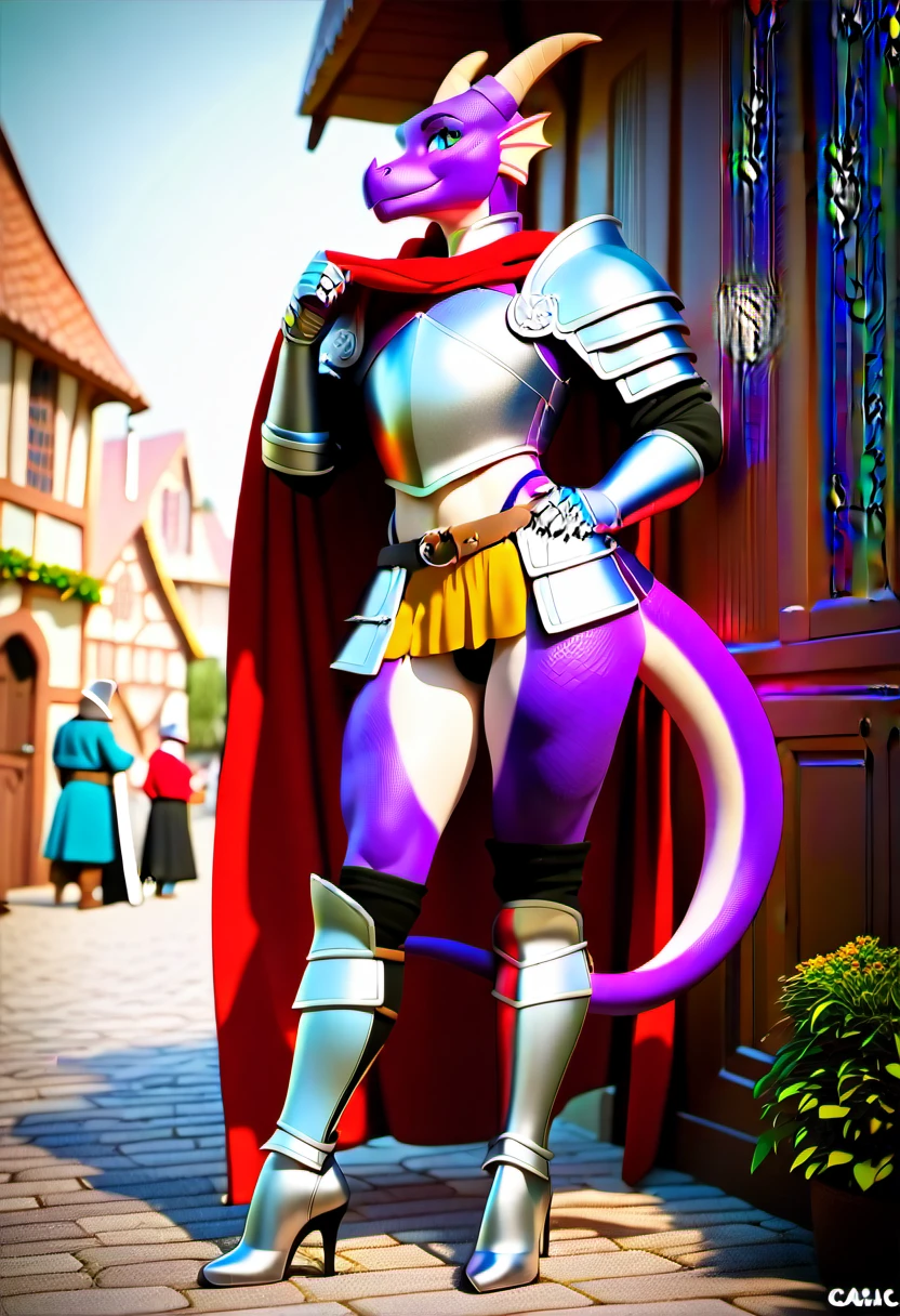 score_9, score_8_up, score_7_up, score_6_up, score_5_up, score_4_up, male, anthro, dragon, femboy, cute boy, feminine boy, smooth belly, knight, purple scales, cyan eyes, armor, high rise thong, thigh high socks, high heel boots, bardiche in right hand, greatshield in left hand, absolute territory, view from front, pigeon toed, medieval village, armored microskirt tassets
