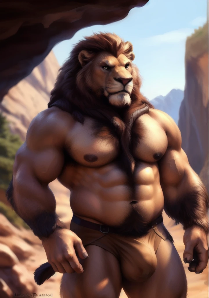 Lion, (((caveman clothing))), male, solo, adult, abs, ((mane)), pecs, big pecs, nipples, older, strong muscles, big mane, long mane, detailed face, beautiful eyes, muscular chest, full body, muscular, angry face, bodybuilder body, beefy, cave background, looking at viewer, bulge, body hair, hairy chest, by bruteandbrawn, by personalami, by kenket, (intricate, high detail, film photography, soft focus, RAW candid cinema, photorealism, realistic, photorealistic, analog style, subsurface scattering, masterpiece, best quality, ultra realistic, 8k)