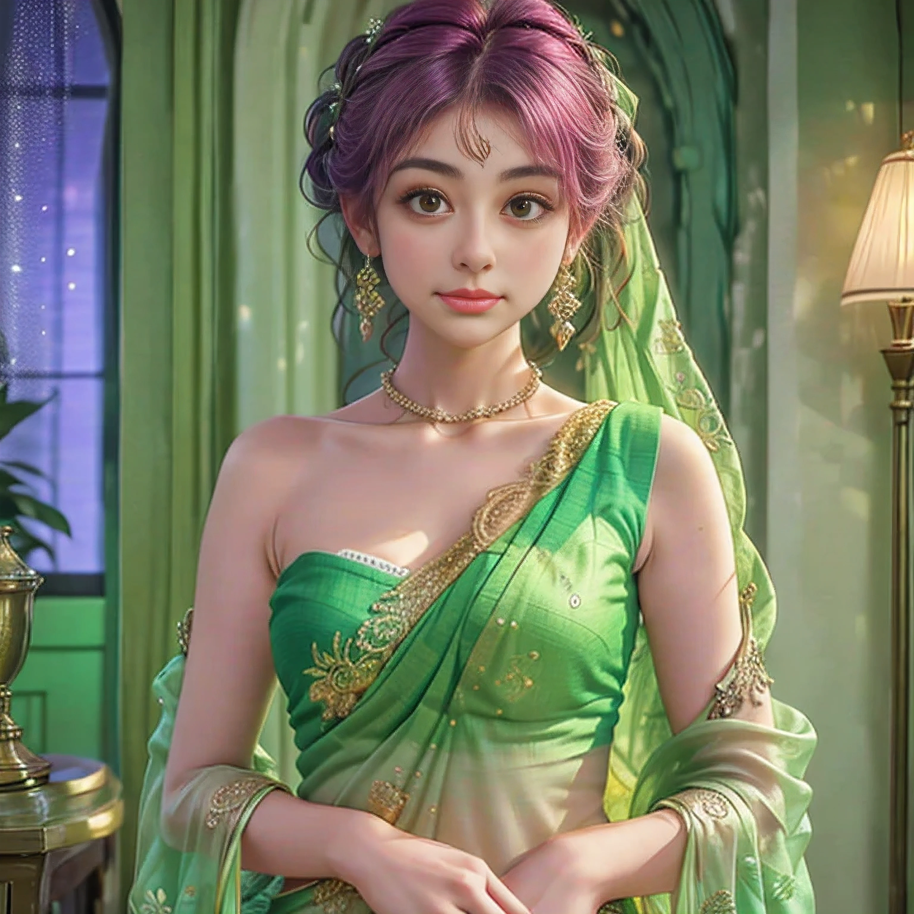 a woman in a green sari with pink and yellow embroiderys, with colourful intricate, draped in fleshy green and pink, intricate details. front on, glowing details!, beautiful detail and color, wearing intricate, very beautiful enga style, with beautiful colors, neon color details, beautiful design, with intricate details, lime and gold hue, #green, green neon details