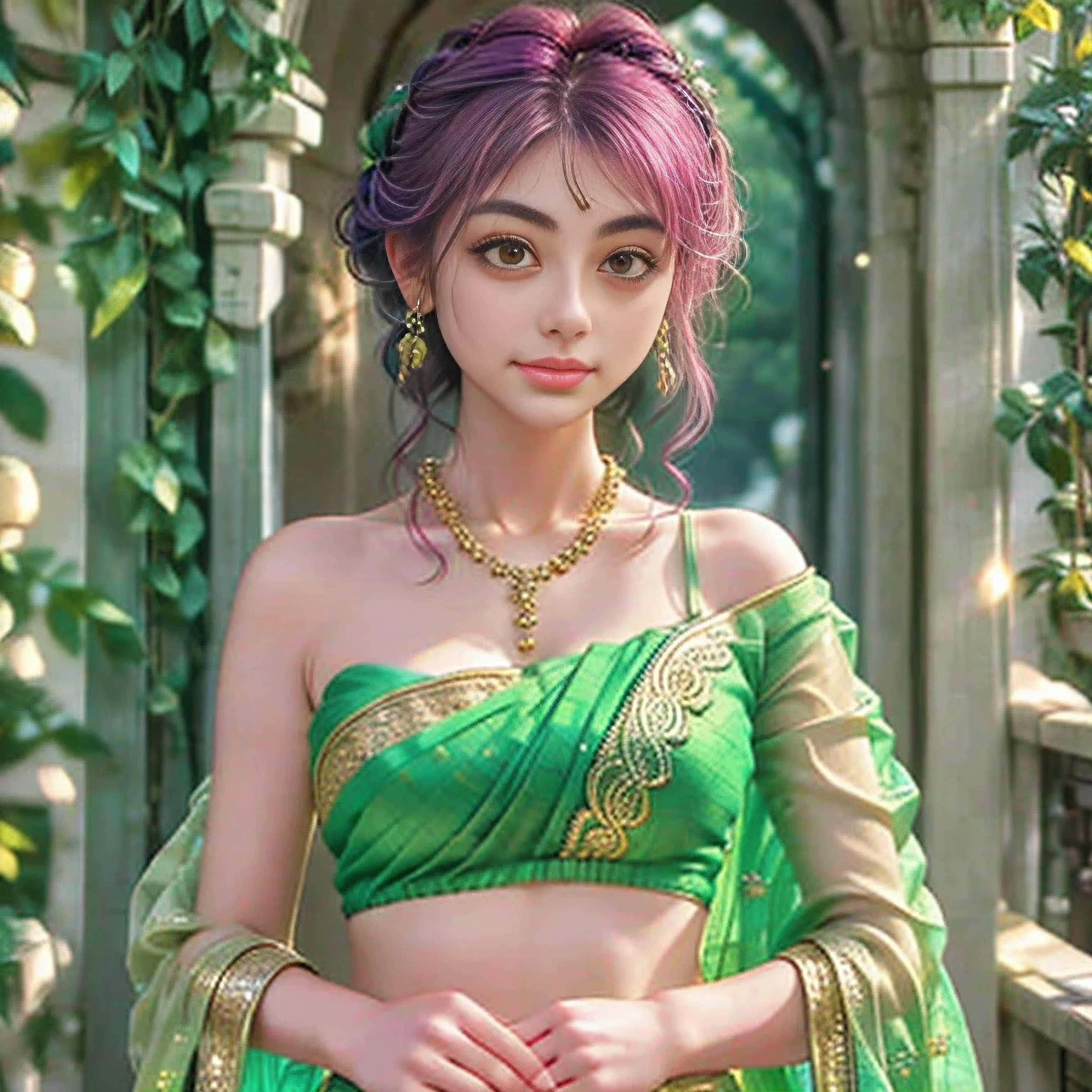 a woman in a green sari with pink and yellow embroiderys, with colourful intricate, draped in fleshy green and pink, intricate details. front on, glowing details!, beautiful detail and color, wearing intricate, very beautiful enga style, with beautiful colors, neon color details, beautiful design, with intricate details, lime and gold hue, #green, green neon details