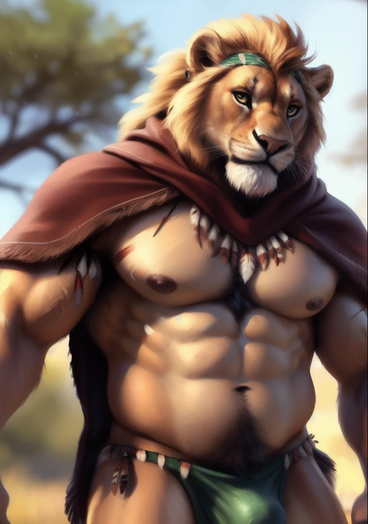 Lion, ((tribal poncho)), (tribal loincloth), tribal headband, (open poncho), open chest, male, solo, adult, abs, ((mane)), pecs, big pecs, nipples, older, strong muscles, big mane, long mane, detailed face, beautiful eyes, muscular chest, full body, muscular, happy face, bodybuilder body, beefy, tribe background, looking at viewer, bulge, by bruteandbrawn, by personalami, by kenket, (intricate, high detail, film photography, soft focus, RAW candid cinema, photorealism, realistic, photorealistic, analog style, subsurface scattering, masterpiece, best quality, ultra realistic, 8k)