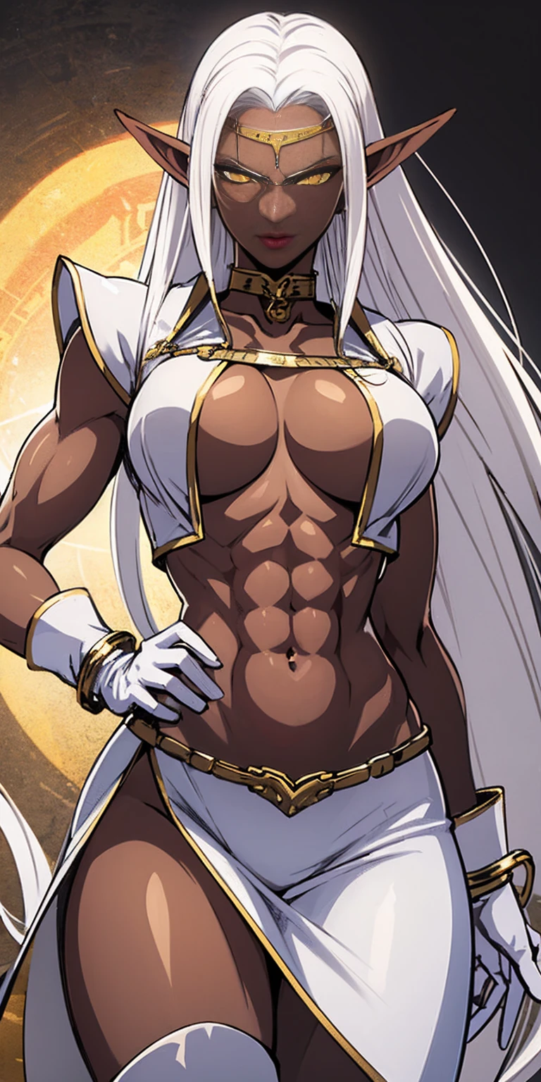 Pirotess female dark elf (black tanned skin), (yellow eyes), white hair, silver hair, very long hair, straight hair, solo, adult woman, tall, slightly muscular, large breasted, cleavage, constricted waist, toned body, slight abs, thin dark skin, pointy ears, lipstick, makeup, black eyeshadow, circlet, white short dress, jewelry, bracelet, shackles, leather collar choker, white gloves, thigh boots, slave crest under navel, navel