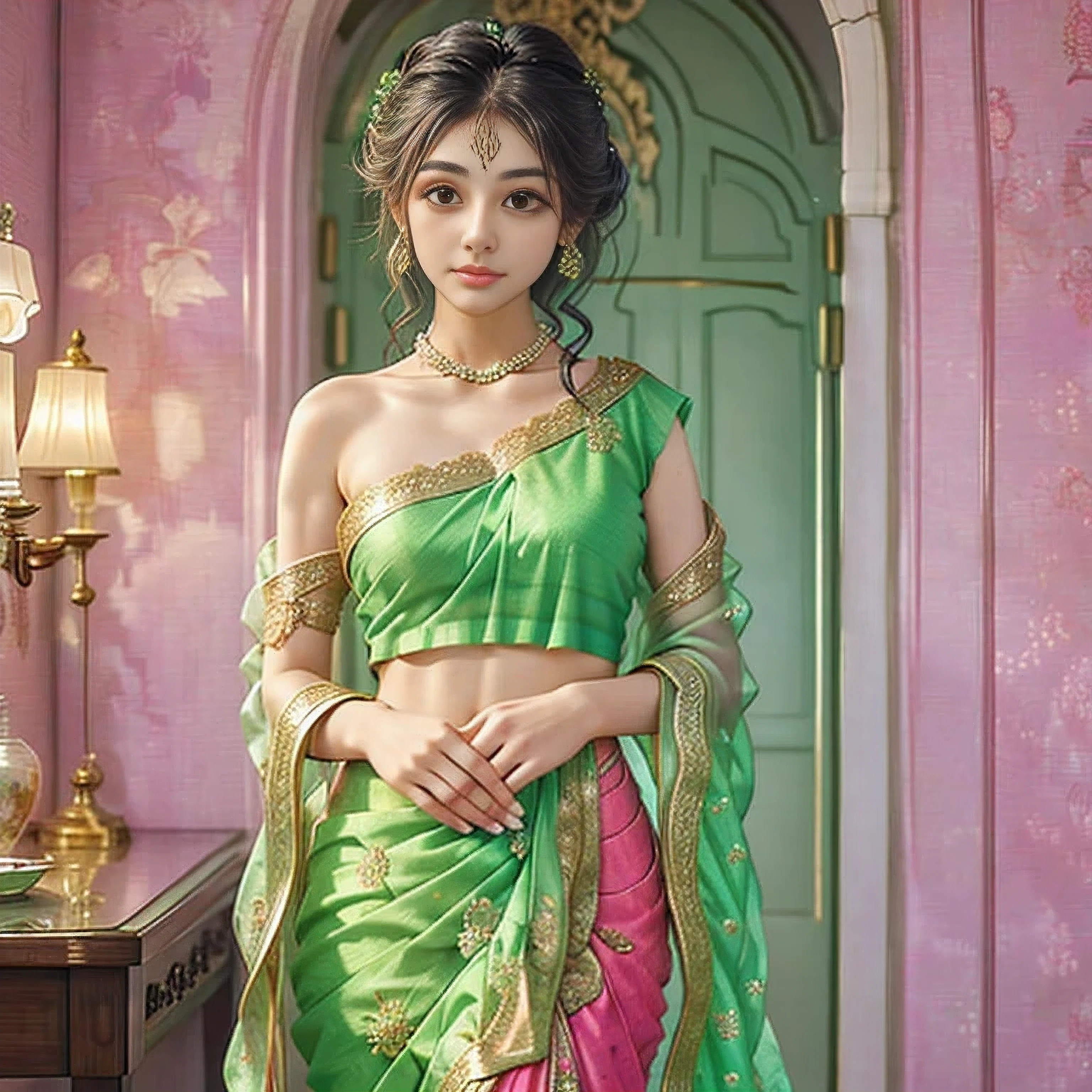 a woman in a green sari with pink and yellow embroiderys, a pastel inspired by Ambreen Butt, trending on cg society, rasquache, with colourful intricate, draped in fleshy green and pink, intricate details. front on, glowing details!, beautiful detail and color, wearing intricate, very beautiful enga style, with beautiful colors, neon color details