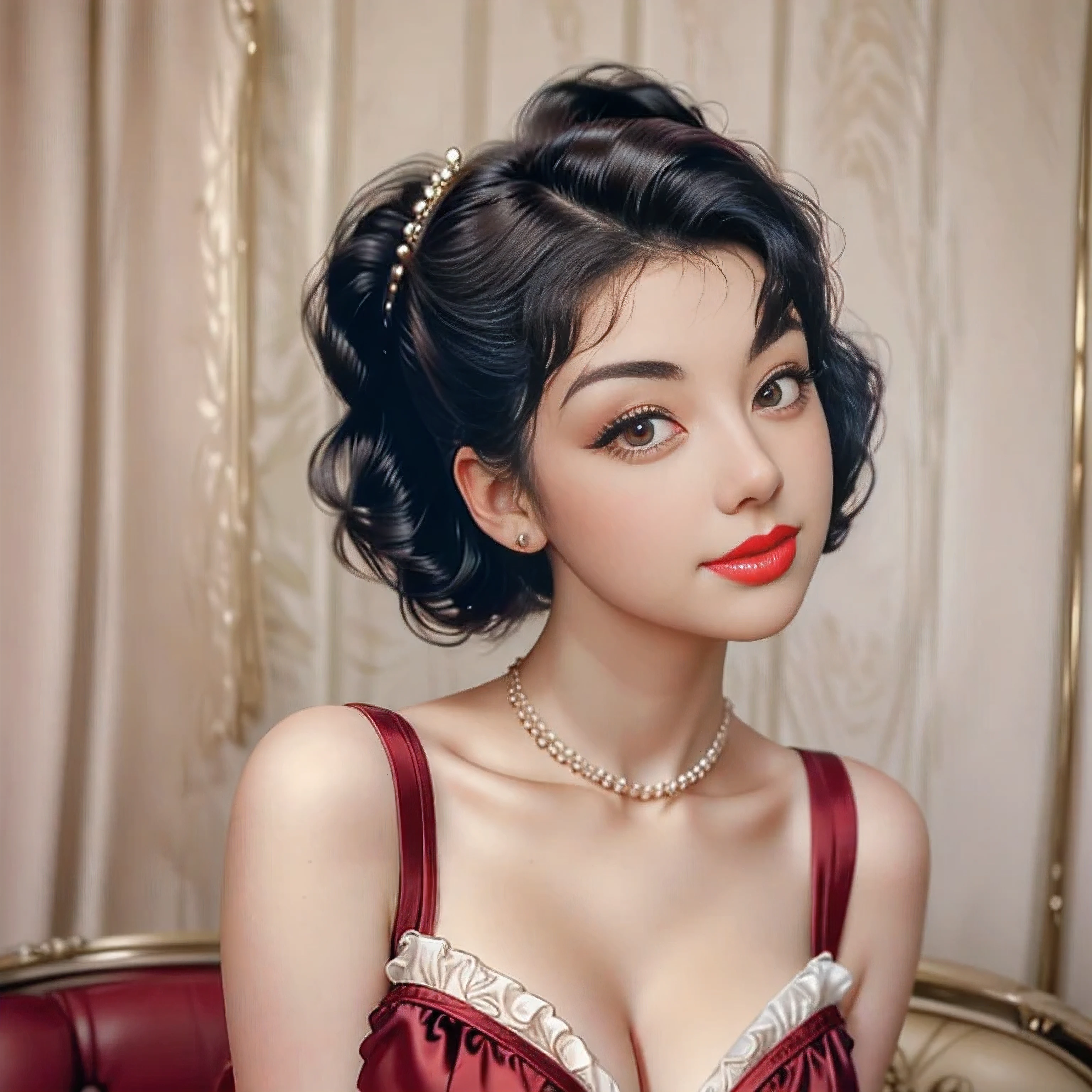 a close up of a woman with a dress and a red lipstick, 50s style, 5 0 s style, retro 5 0 s style, up face with 1 9 2 0 s hairstyle, rockabilly hair, 1950s vibes, pinup style, pin up, like rolf armstrong style, 1 9 5 0 s style, pin up girl, vintage makeup