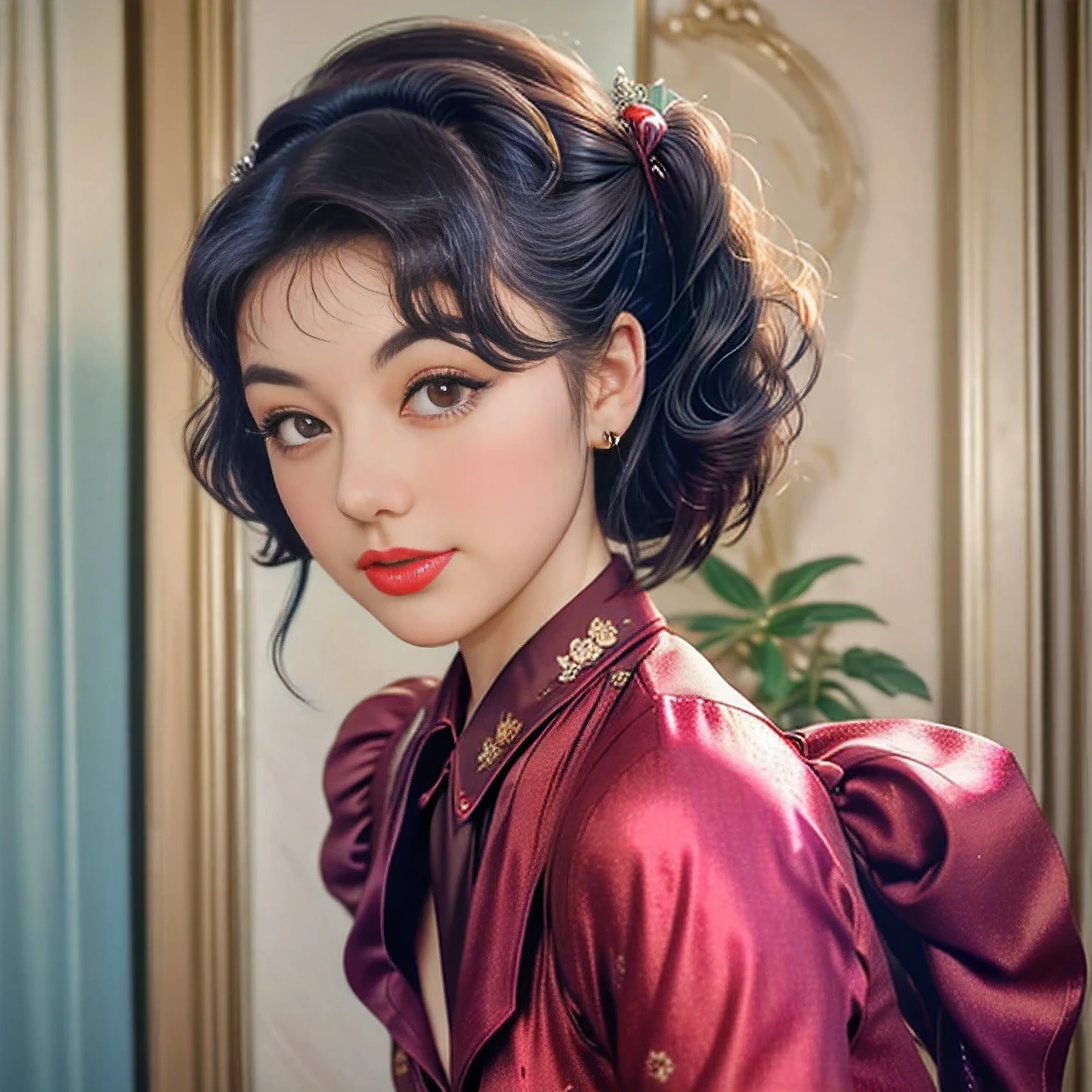 a close up of a woman with a dress and a red lipstick, a colorized photo by Dennis Ashbaugh, pinterest, pop art, 50s style, 5 0 s style, retro 5 0 s style, up face with 1 9 2 0 s hairstyle, rockabilly hair, 1950s vibes, pinup style, pin up, like rolf armstrong style