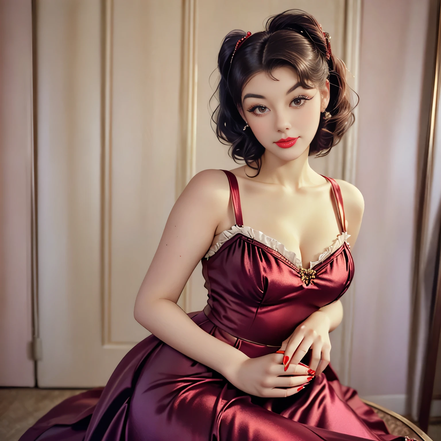 a close up of a woman with a dress and a red lipstick, a colorized photo by Dennis Ashbaugh, pinterest, pop art, 50s style, 5 0 s style, retro 5 0 s style, up face with 1 9 2 0 s hairstyle, rockabilly hair, 1950s vibes, pinup style, pin up, like rolf armstrong style