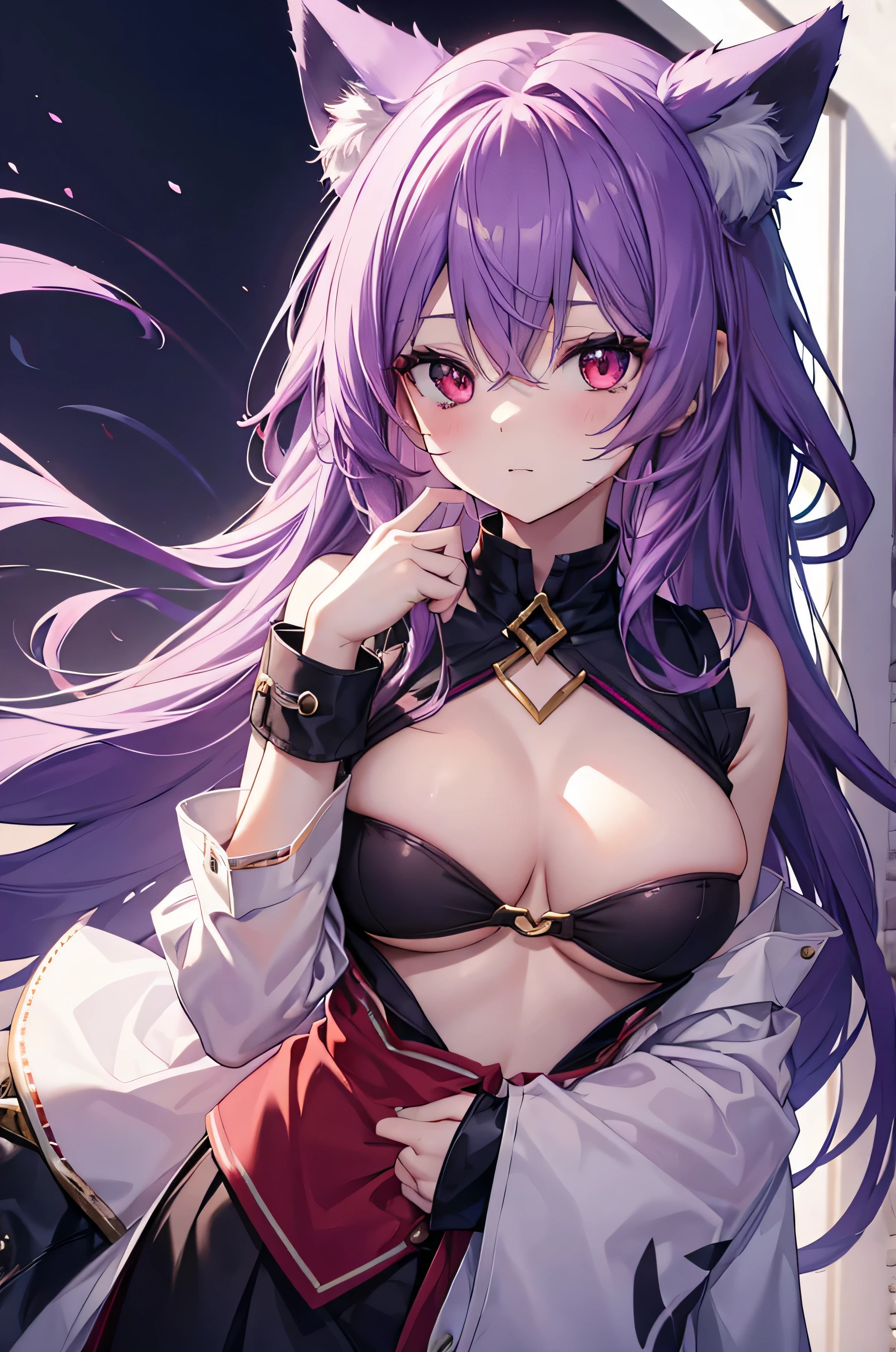 fox girl, D cup breasts, purple hair, masterpiece , red eyes, hd, Head to Chest, buried in my chest、underboob