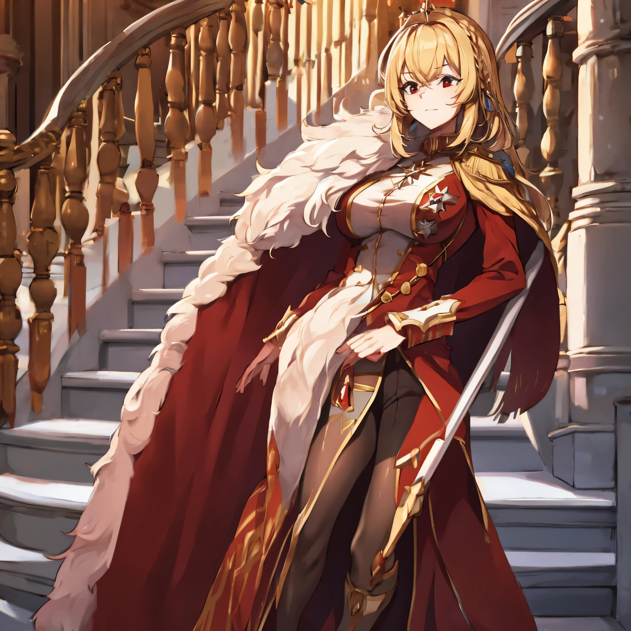 A woman wearing red military clothing with gold details, a large white fur cape, wearing a well-detailed golden crown on her head on the staircase of a large medieval castle, blonde hair, red eyes, large chest,HDR, ultra resolution, well defined, masterpiece, 8K HD. (solo woman)