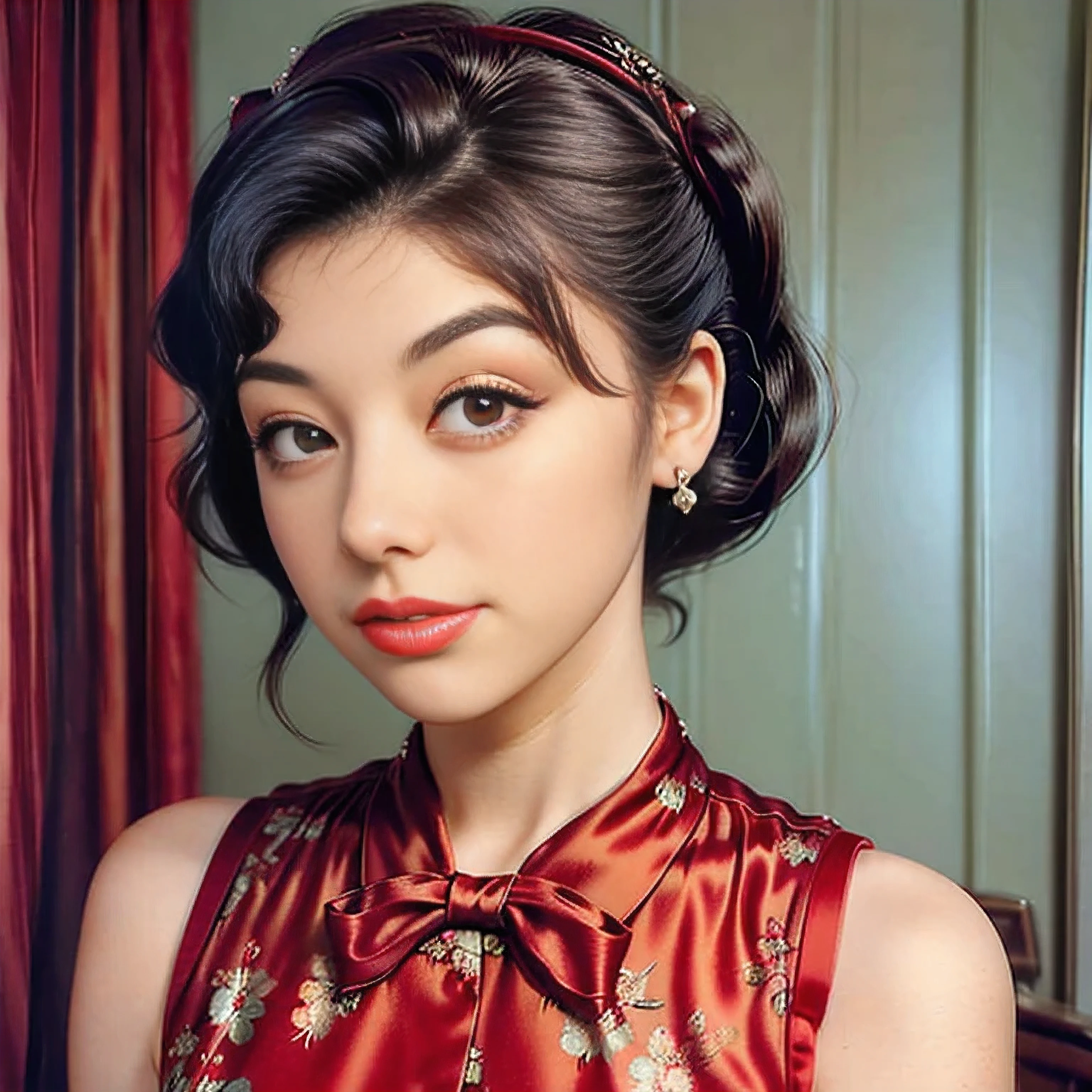 a close up of a woman with a dress and a red lipstick, a colorized photo by Dennis Ashbaugh, pinterest, pop art, 50s style, 5 0 s style, retro 5 0 s style, up face with 1 9 2 0 s hairstyle, rockabilly hair, 1950s vibes, pinup style, pin up, like rolf armstrong style