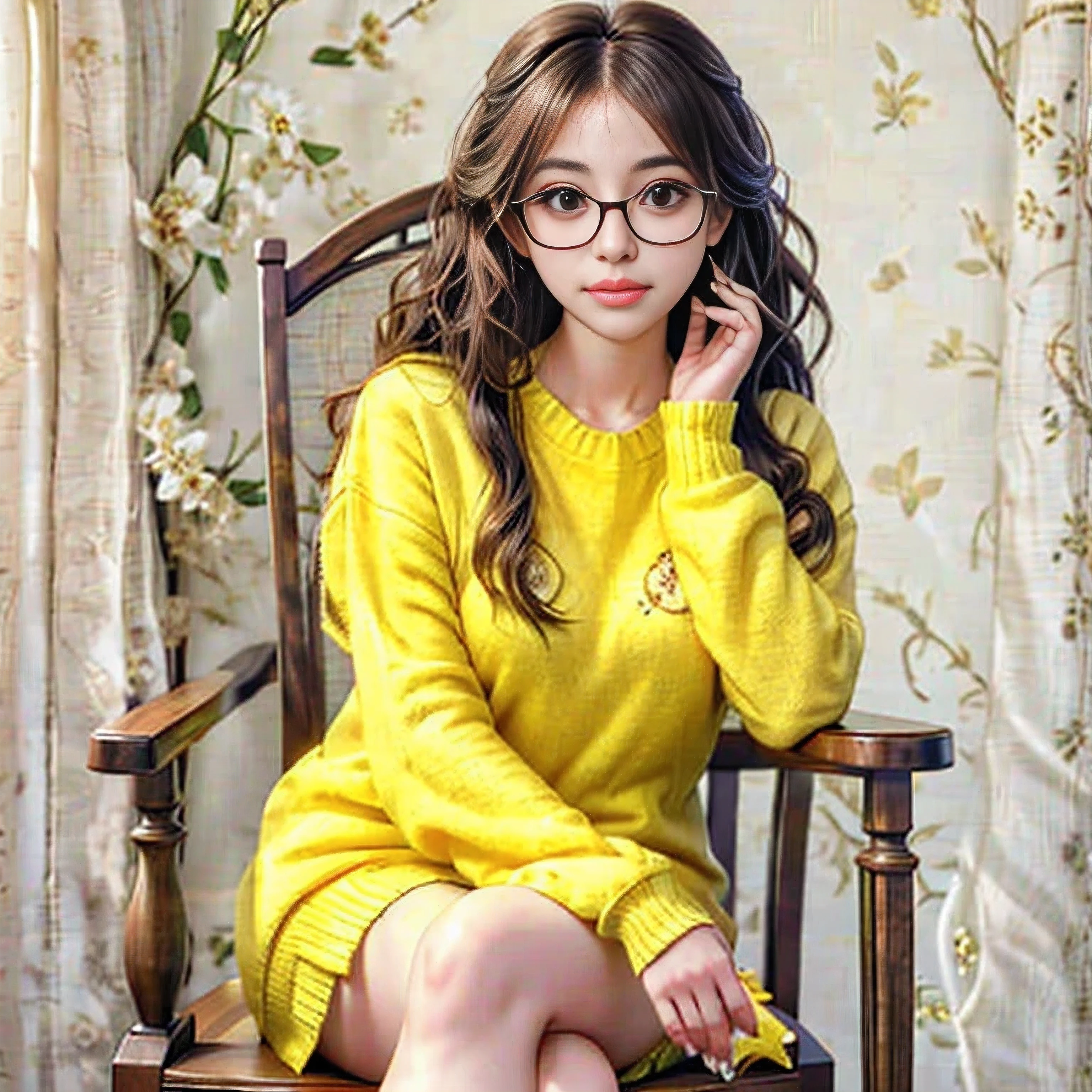 arafed woman with glasses and a yellow sweater sitting in a chair, wavy hair yellow theme, with glasses, girl with glasses, belle delphine, with square glasses, wearing wheat yellow gauze, ulzzang, high quality portrait, girl wearing round glasses, with glasses on, young and cute girl, with yellow cloths, wearing thin large round glasses
