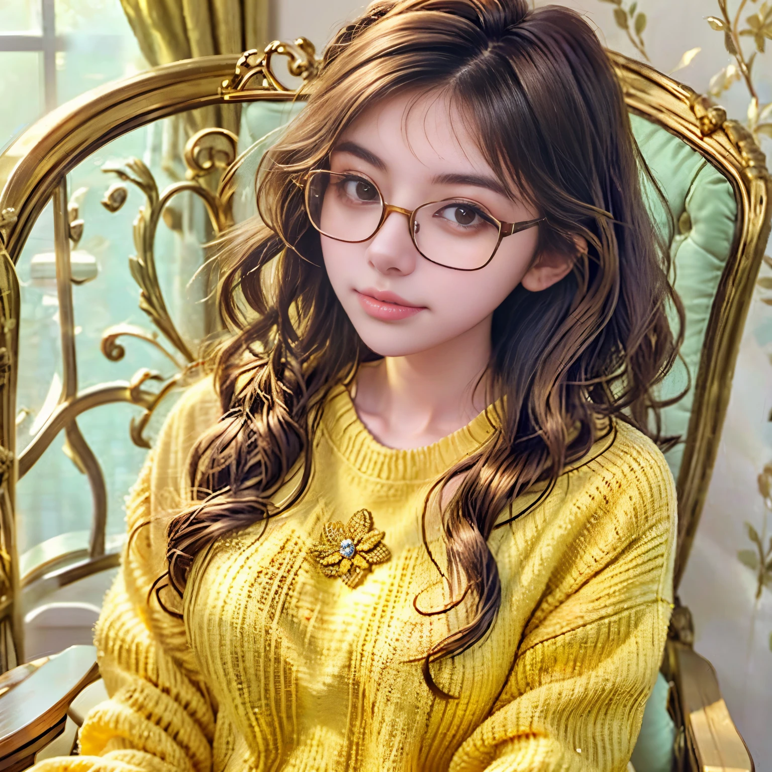 arafed woman with glasses and a yellow sweater sitting in a chair, wavy hair yellow theme, with glasses, girl with glasses, belle delphine, with square glasses, wearing wheat yellow gauze, ulzzang, high quality portrait, girl wearing round glasses, with glasses on, young and cute girl, with yellow cloths, wearing thin large round glasses