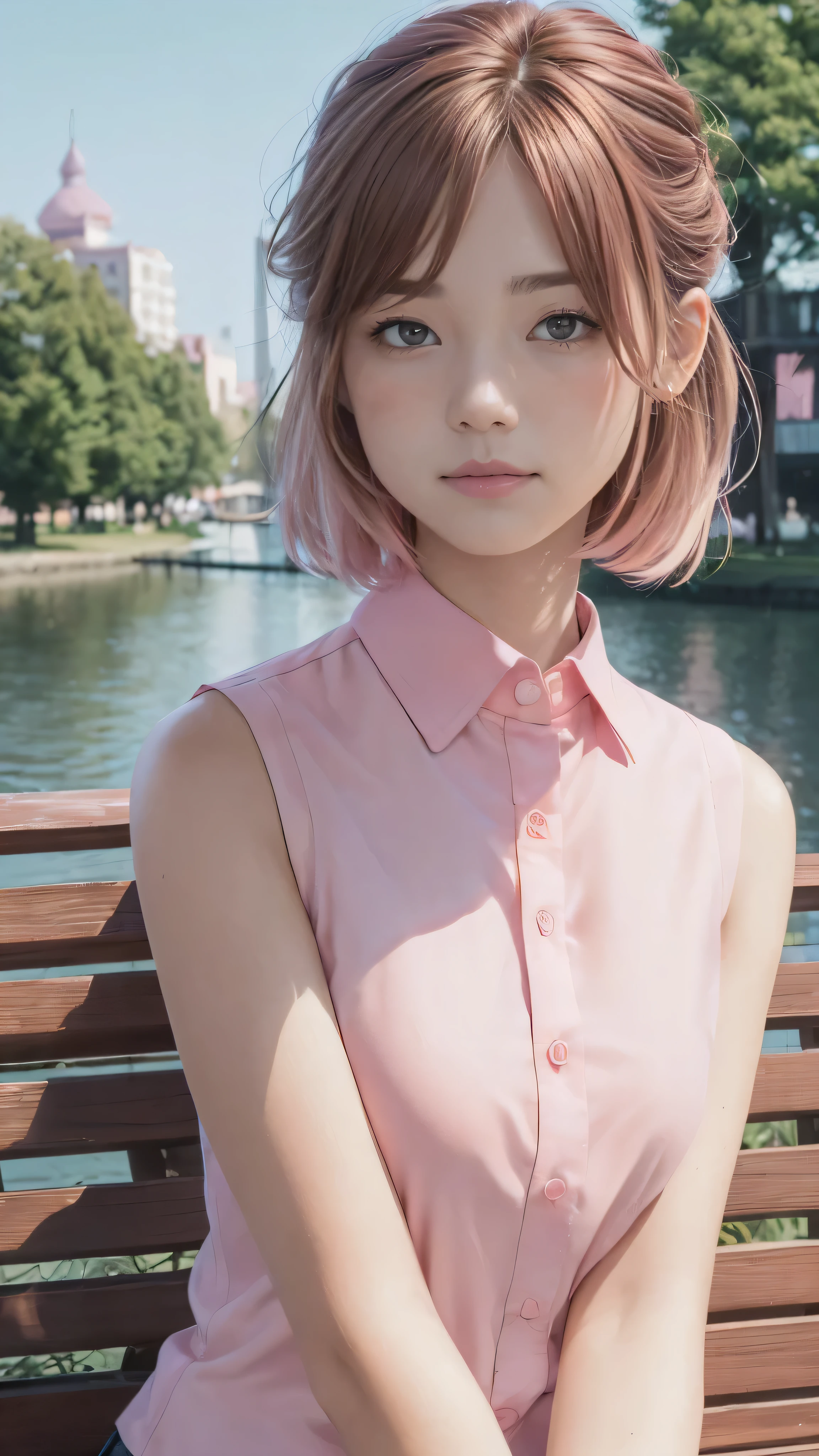 highest quality, realistic, 8K, High resolution, full color, 1 girl, woman, 20 years old woman, (closed mouth:1.73), (skin dents), (portrait:0.6), wood, park bench, dawn, ((park background:1.52)), full color, ((Sleeveless pink shirt:1.58)), looking at the viewer:1.8, (1 girl eyes looking at the viewer:1.55), (medium hair, brown hair, parted hair:1.45), (Bokeh),