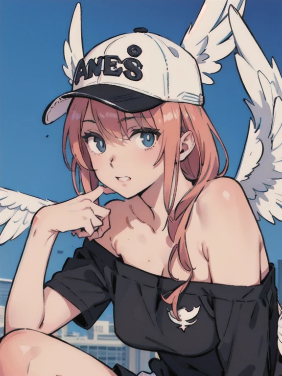 A lone angel with (wings on each shoulder:1.5) wearing a baseball cap floats in the sky. There is a woman with a (black baseball cap:1.5) and wings on her head., of an beautiful angel girl, angel girl, Wings only on both shoulders. Realistic anime 3d style, Gwaites style artwork, beautiful angel, Girl with angel wings, beautiful digital artwork, of beautiful angel, beautiful angel girl portrait, beautiful anime girl, anime style 4k, highest quality, detailed background, girl, ,EUR_street, random_wear,