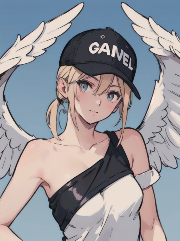 A lone angel with (wings on each shoulder:1.5) wearing a baseball cap floats in the sky. There is a woman with a (black baseball cap:1.5) and wings on her head., of an beautiful angel girl, angel girl, Wings only on both shoulders. Realistic anime 3d style, Gwaites style artwork, beautiful angel, Girl with angel wings, beautiful digital artwork, of beautiful angel, beautiful angel girl portrait, beautiful anime girl, anime style 4k, highest quality, detailed background, girl, ,EUR_street, random_wear,