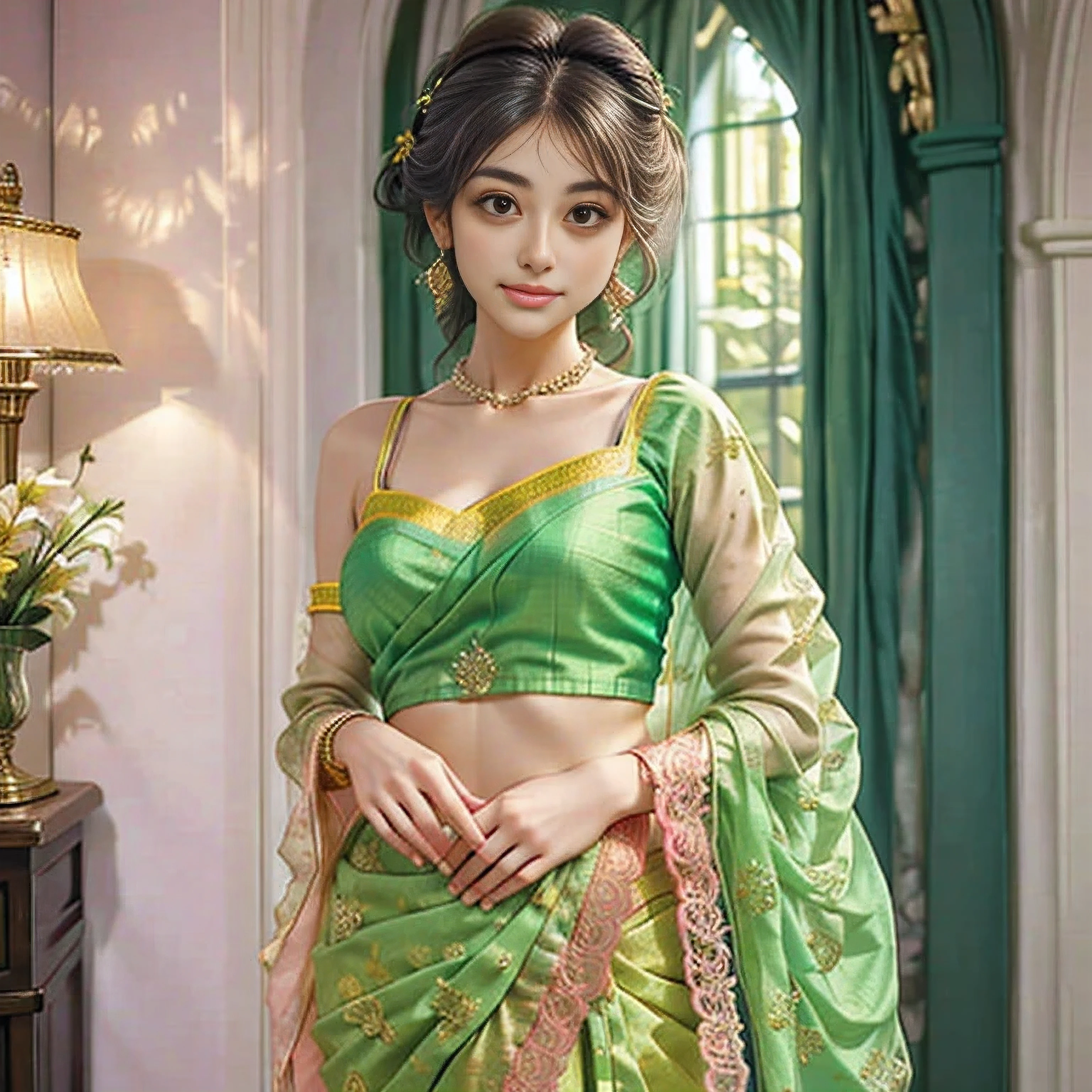 a woman in a green sari with pink and yellow embroiderys, with colourful intricate, draped in fleshy green and pink, intricate details. front on, glowing details!, beautiful detail and color, wearing intricate, very beautiful enga style, with beautiful colors, neon color details, beautiful design, with intricate details, lime and gold hue, #green, green neon details