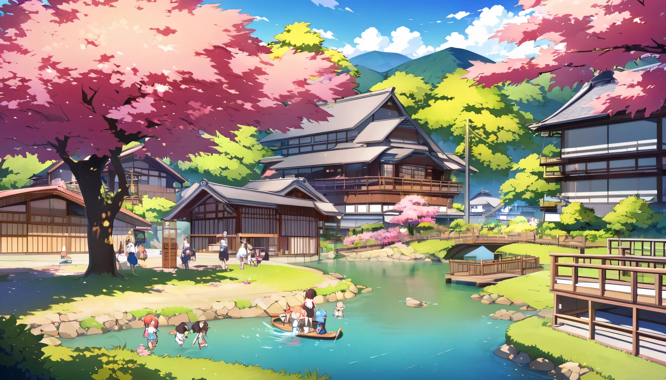 A village in Nagoya with some mountains and a river and a wooden bridge on that river and kids and adults rooming around the village and some seanic view of beautiful trees of Sakura 