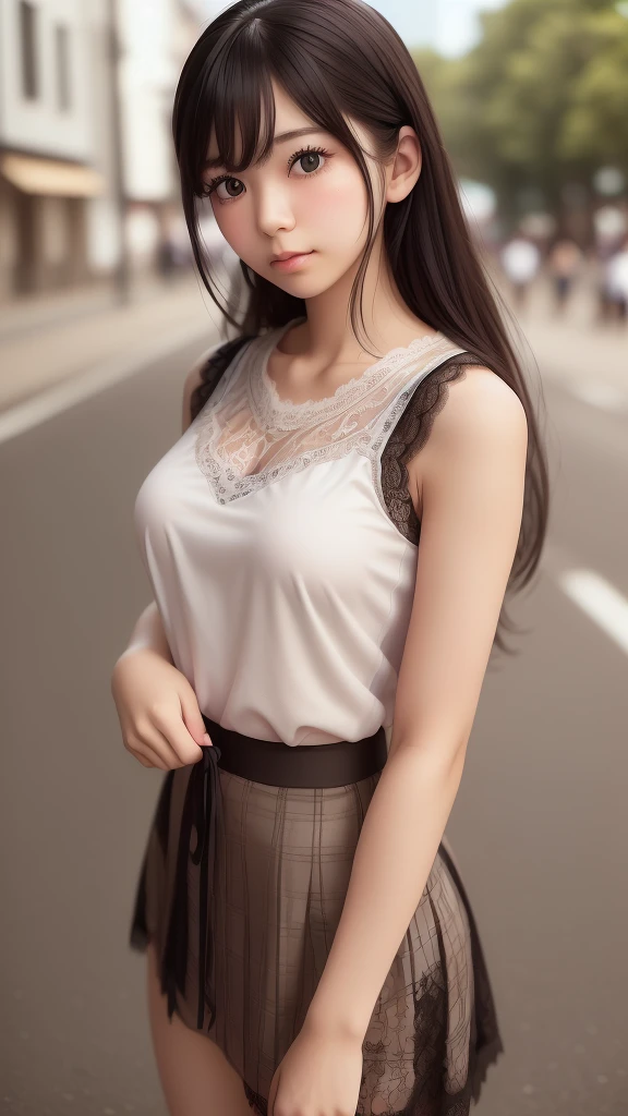 ((sfw: 1.4)),((detailed face, professional photography)), ((sfw, lace queen, grid girl, skirt, sleeveless, 1 Girl)), Ultra High Resolution, (Realistic: 1.4), RAW Photo, Best Quality, (Photorealistic Stick), Focus, Soft Light, ((20 years old)), ((Japanese)), (( (young face))), (surface), (depth of field), masterpiece, (realistic), woman, bangs, ((1 girl))
