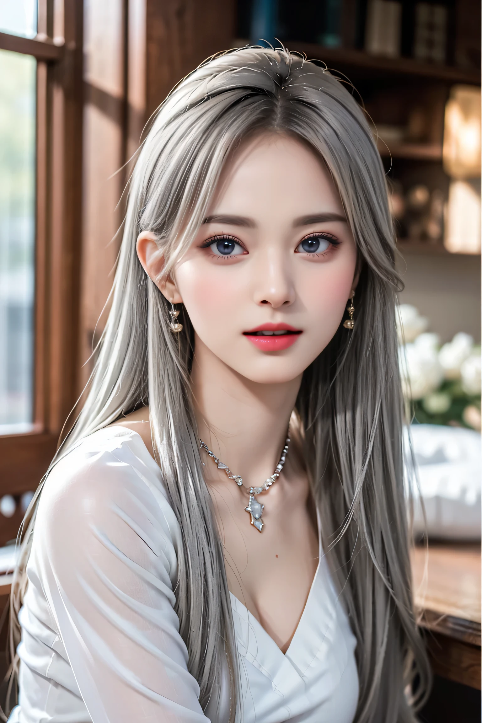 top quality work,Actual work,Ultra Premium Graphics,8K HD CG works,High quality graphics,High-definition CG works,10x pixels,super fine details:1.1,Advanced technical details:1.1Photo-realistic,Indoor Lighting Effects:1.5,Natural light:1.5. light effect(virtual light effect:1.8),超A high resolution,長いsilver hair,silver hair,transparent hair,high detail hair(premium hair detail:1.1)clear eyes,beautiful double eyelids,sharp eye makeup, delicate eyelash makeup, thin eyebrows, highly detailed eyes,high nose, nice red lips, rose cheeks, A face with delicate makeup , cute face, perfectly proportioned face,(Advanced facial details:1.1),shiny,summer sexy、whiteTshirt),(Jeans Skirt),stiletto heels,woman'artwork of,full body figure,realism,wonderful,My eyes are shining today