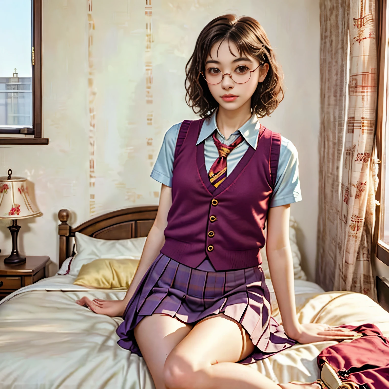 arafed woman sitting on a bed wearing a red vest and tie, with square glasses, seifuku, inspired by Hermione Hammond, she wears harry potter glasses, vintage aesthetic, kiko mizuhara, inspired by Max Gubler, preppy style, inspired in balthus, magical school student uniform, harry potter style, finn wolfhard, 🌺 cgsociety