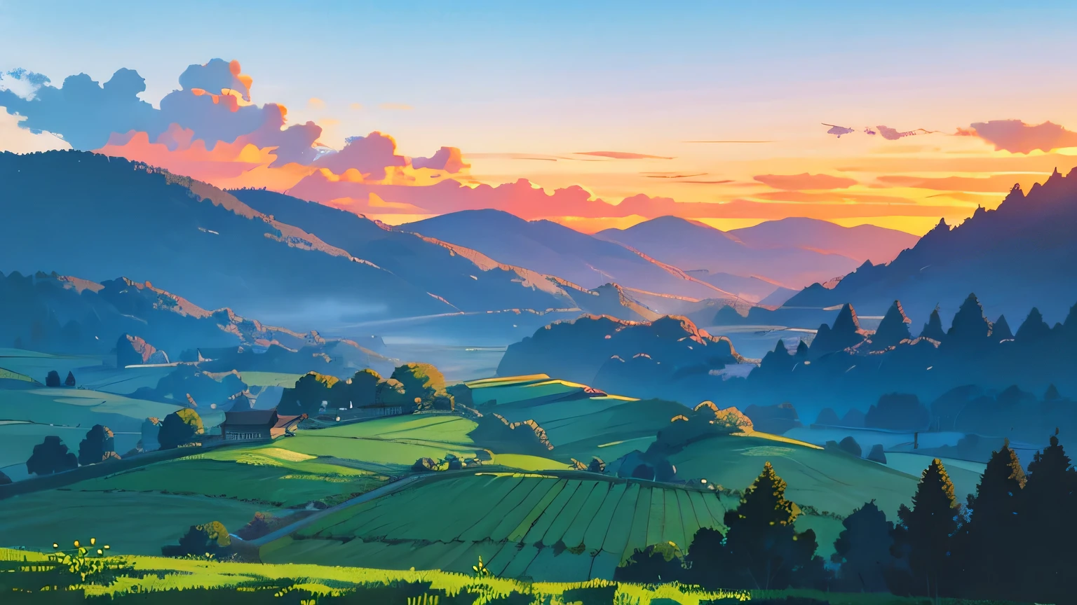 beautiful views of nature in the rural atmosphere in the afternoon with the sunset anime style