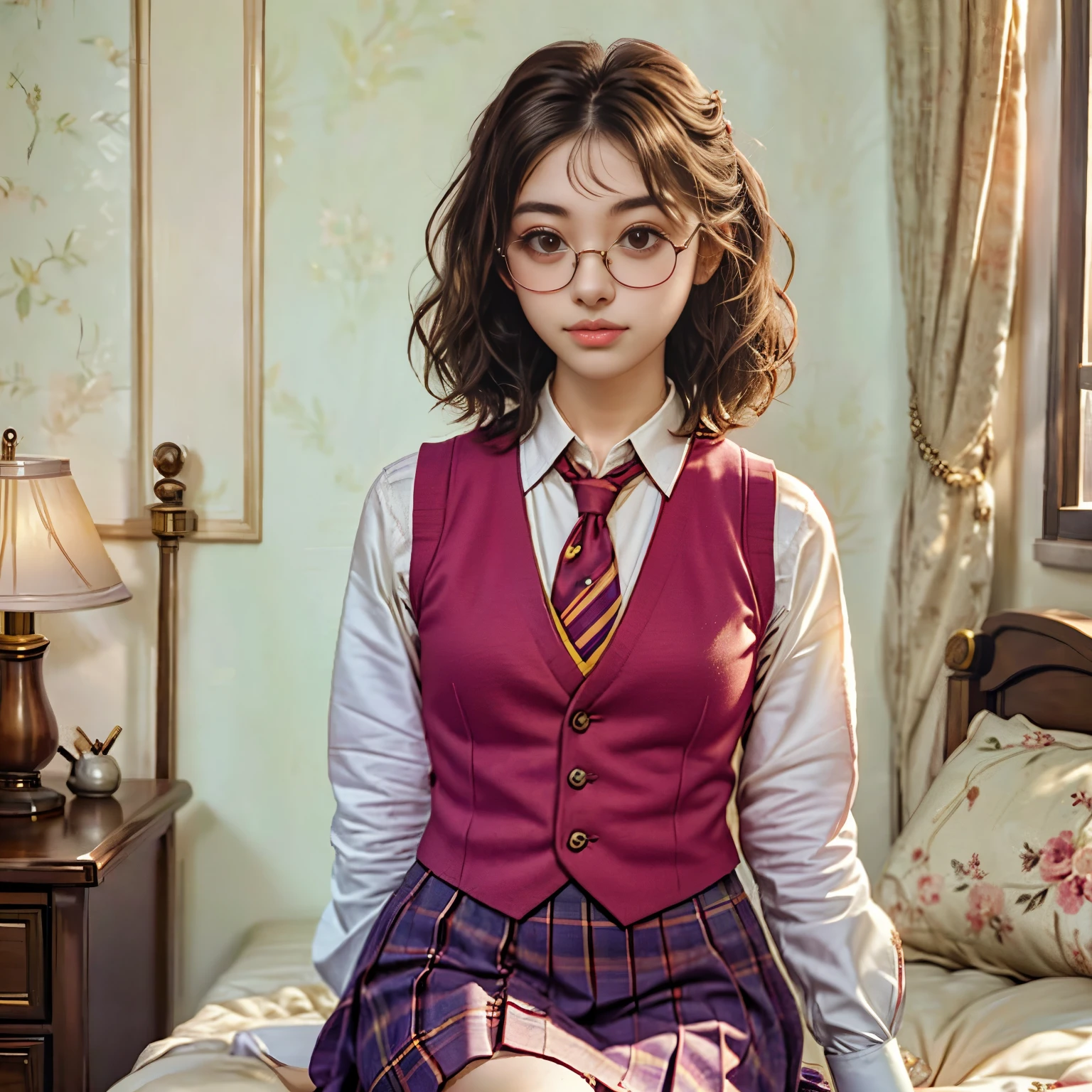 arafed woman sitting on a bed wearing a red vest and tie, with square glasses, seifuku, inspired by Hermione Hammond, she wears harry potter glasses, vintage aesthetic, kiko mizuhara, inspired by Max Gubler, preppy style, inspired in balthus, magical school student uniform, harry potter style, finn wolfhard, 🌺 cgsociety