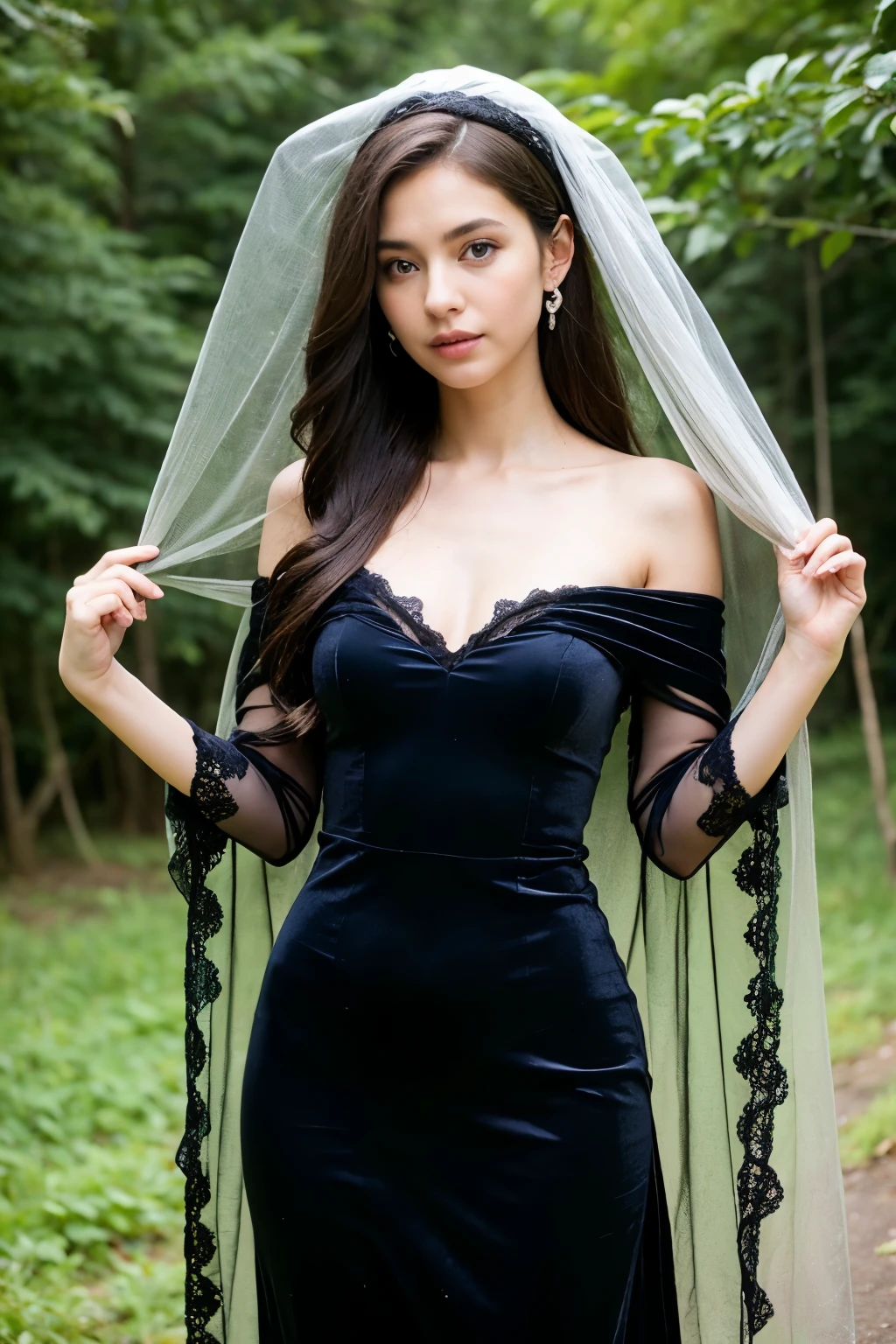 Dressed in a long, dark dress that flowed in cascades of dark velvet., suave al tacto pero pesado con la solemnidad de la noche. Los pliegues y las curvas del vestido estaban adornados con intrincados detalles en encaje, that intertwined like twisted roots that clung to the forest floor.
The fitted bodice of the dress was adorned with silver and gold threads, evoking the sparkles of stars in the celestial vault above the forest canopy. Desde el cuello alto y cerrado del vestido, to the long sleeves that opened into wide cuffs adorned with more lace, every detail was designed to inspire reverence and respect.