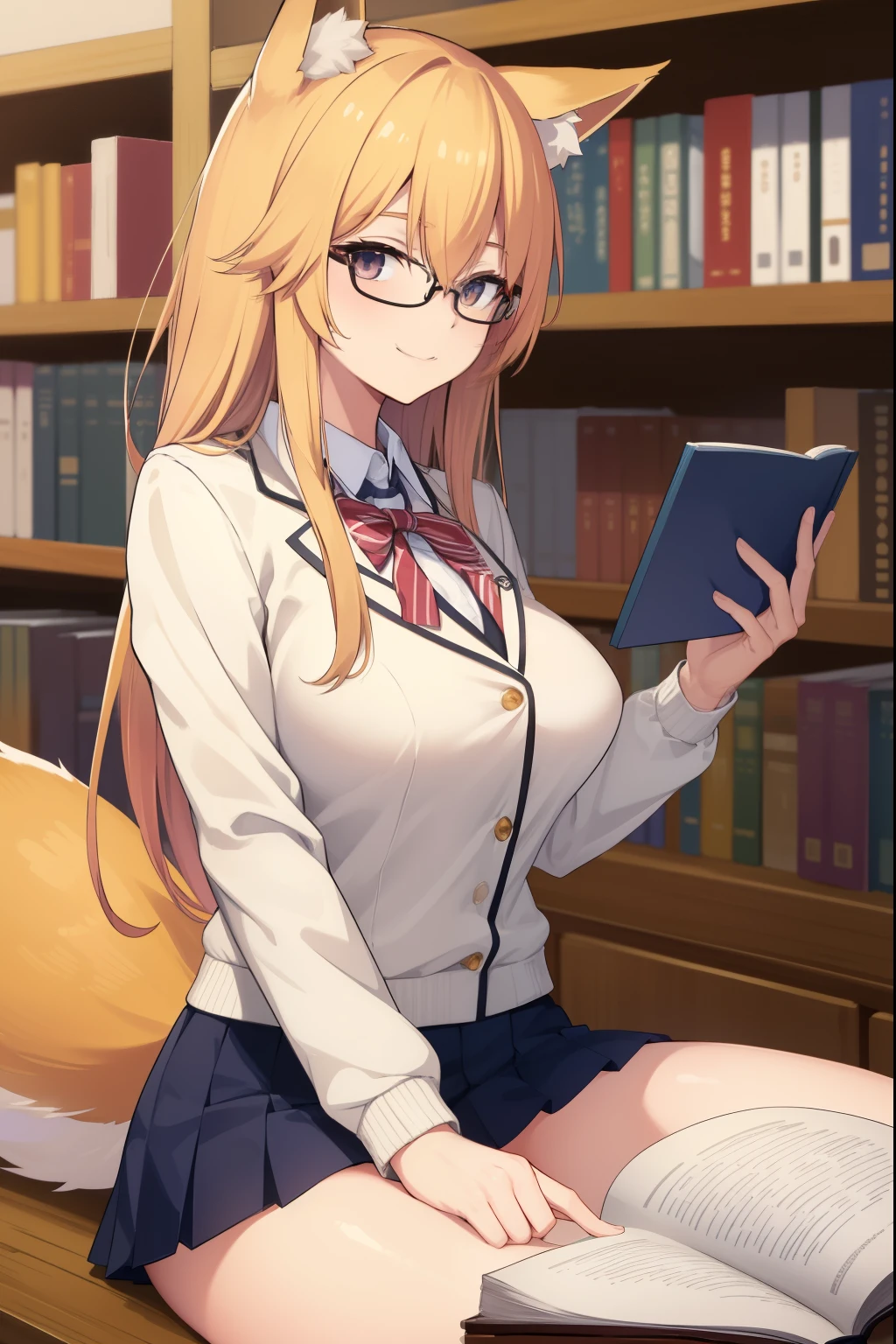 animal earsの綿毛, animal ears, fox ears, fox girl, Fox tail, golden hair, tail, ((big breasts:1.1)),white tennis wear, blazer,  big breasts, smile, library,Glasses, With a book,looking at the viewer,machine,
 highest quality, High resolution, unity 8k wallpaper, perfect lighting