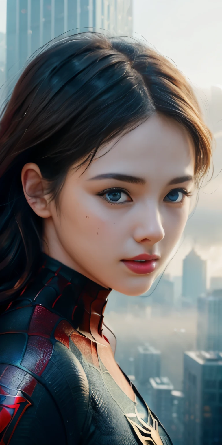 (1girl:1.3), Solo, (((Very detailed face)))), ((Very detailed eyes and face)))), Beautiful detail eyes, Body parts__, Official art, Unified 8k wallpaper, Super detailed, beautiful and beautiful, beautiful, masterpiece, best quality, original, masterpiece, super fine photo, best quality, super high resolution, realistic realism, sunlight, full body portrait, amazing beauty, dynamic pose, delicate face, vibrant eyes, (from the front), She wears Spider-Man suit, red and black color scheme, spider, very detailed city roof background, rooftop, overlooking the city, detailed face, detailed complex busy background, messy, gorgeous, milky white, highly detailed skin, realistic skin details, visible pores, clear focus, volumetric fog, 8k uhd, DSLR, high quality, film grain, fair skin, photo realism, lomography, futuristic dystopian megalopolis, translucent