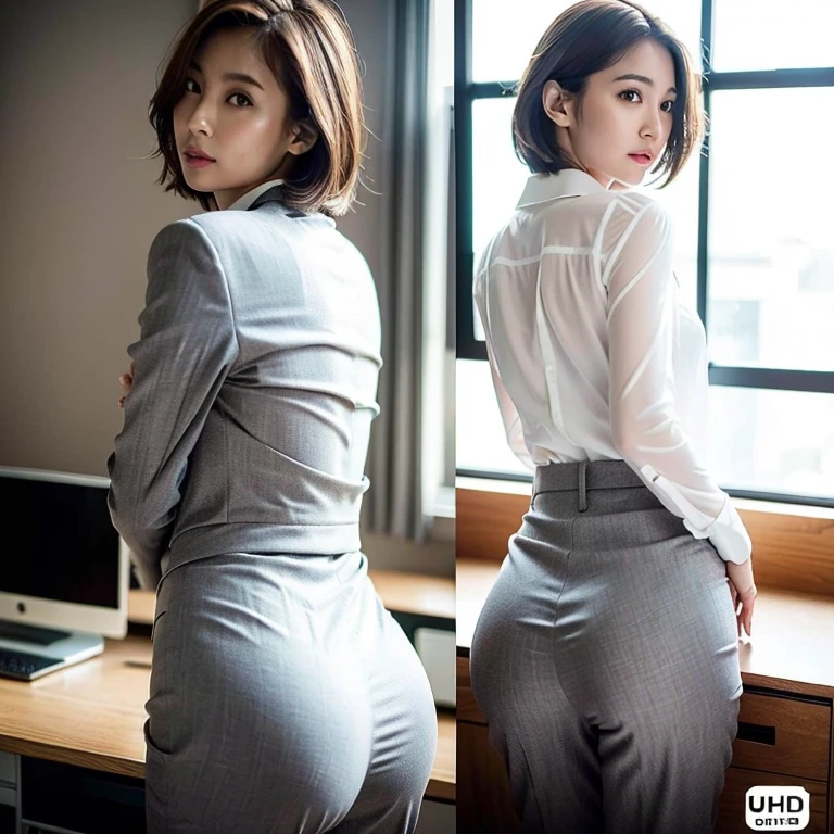 (Best quality, 8k, 32k, Masterpiece, UHD:1.2), 1girl, beautiy Japanese woman, narrow waist, grey suit, white shirt, office lady, suit, pants, from behind, office room, desk,  (stick out one's buttocks:1.2), detailed face, short hair,p