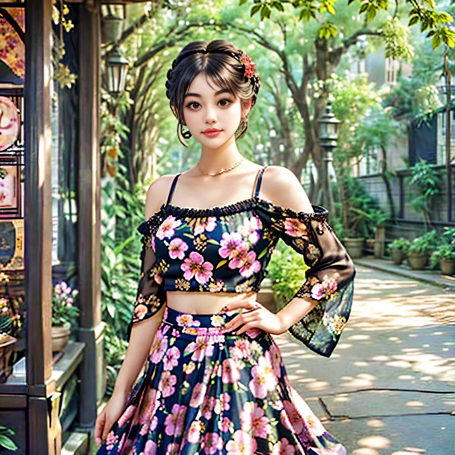 arafed woman in a floral skirt and black top posing for a picture, floral clothes ”, intricate outfit, floral!, wearing an ornate outfit, pose 4 of 1 6, lucy hale, dressed in a lacy, fashion photography”, dressed in ornate, floral clothes, kiko mizuhara, absolutely outstanding, inspired by Yuko Tatsushima, half - body shot