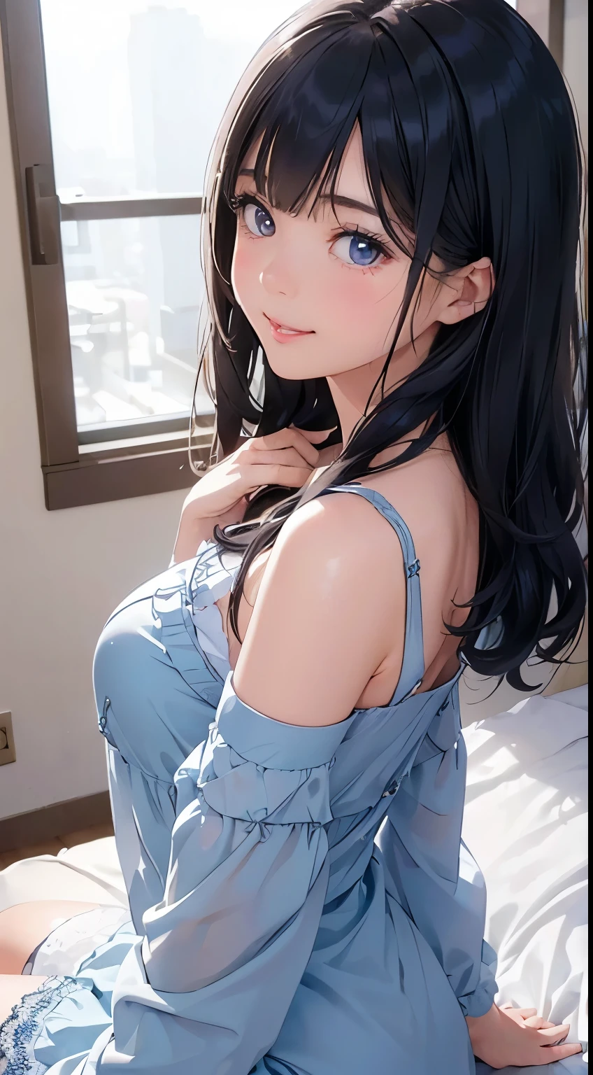 (on the table: 1.3), (maximum resolution: 1.2), (ultra high definition tv: 1.2), movie lighting, ultra high definition tv, (delicate eyes and skin), (detailed facial features), North African Free Trade Area, 8K resolution, sharp focus: 1.2, perfect style, cute face, perfect body, Accurate, anatomically correct, Highly detailed face and skin texture, delicate eyes, dark blue eyes, double eyelid, thin eyebrows, glitter eyeliner: 1.2, natural cheeks, shiny skin, white skin: 1.2, (glossy lips: 1.4), rest, one person'perspective, (She is a very cute female teacher..), (blue lace、stockings), (smile: 1.2), ((innocent and cute girl:1.3)), (long wavy hair), (light brown hair:1.2), rest, ((very close relationship: 1.2)), Moderately, ((looking at the audience:1.2)), (hotel room:1.2)), ((please bend your knees:1.2)), (From the side:1.2),low angle shot,Off-the-shoulder mini dress jeans miniskirt embarrassed look Kamimei big