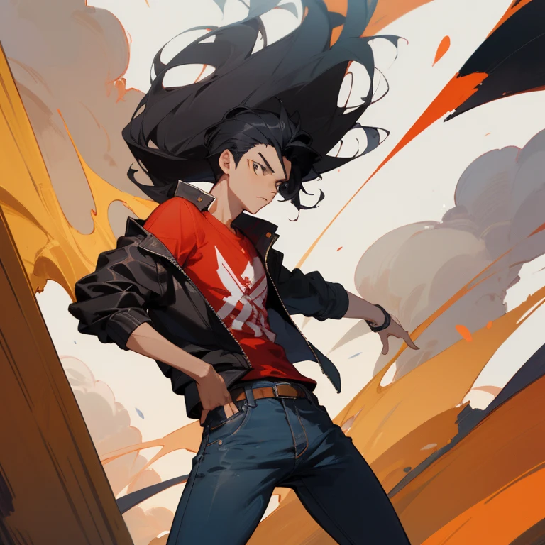 ((highest quality)), ((masterpiece)), (be familiar with), anime,youth,male,black hair,hair standing on end,Triumphant look,jeans,black jacket,red t-shirt,action