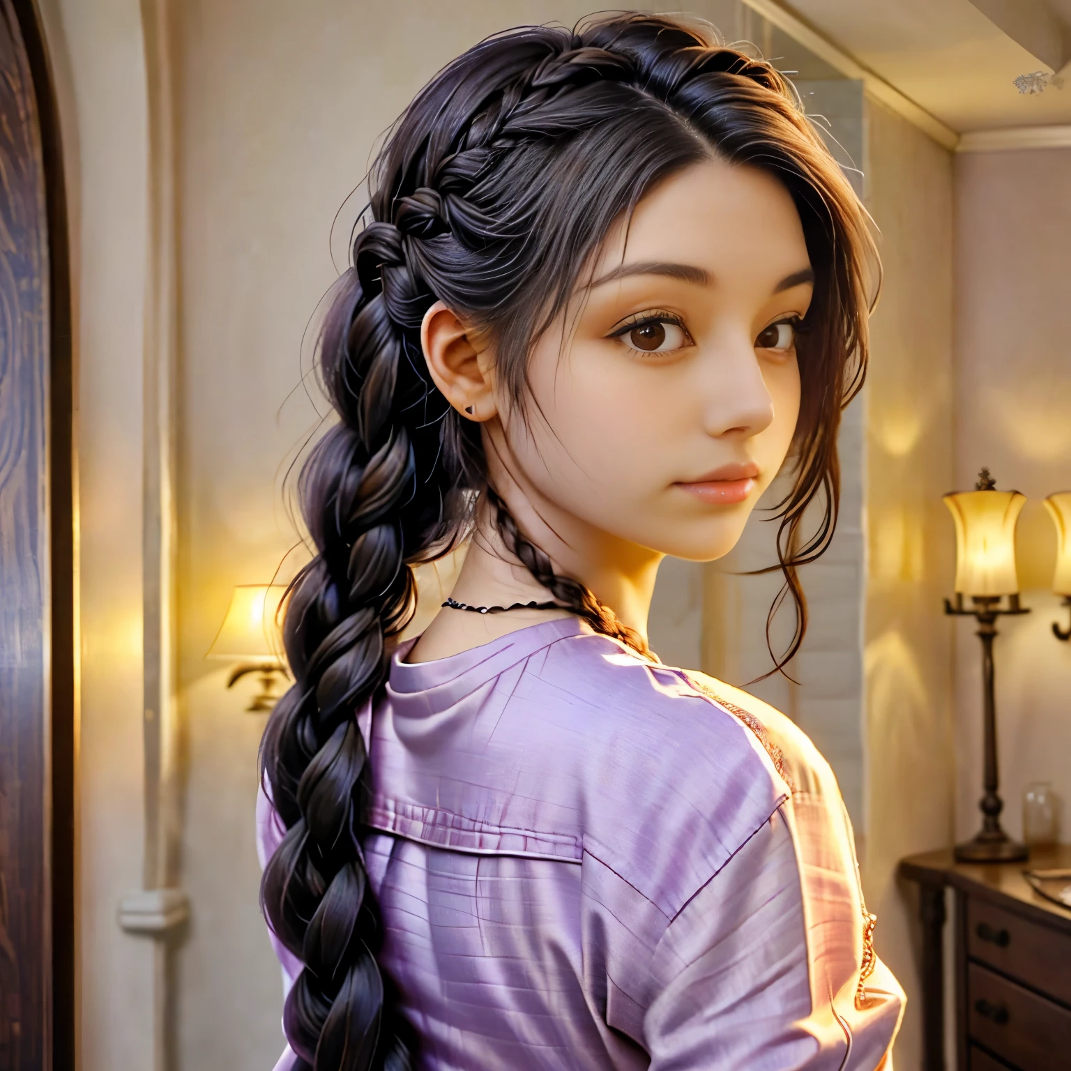 a close up of a woman with long hair in a braid, long braided hair, her hair is in a pony tail, long dark braided hair, long braided hair pulled back, long hairstyle, twisted braid, pretty long hair, braided hair. nightime, long braided curly brown hair, long flowing braided hair, two braids, twisted braids, neat braided hair