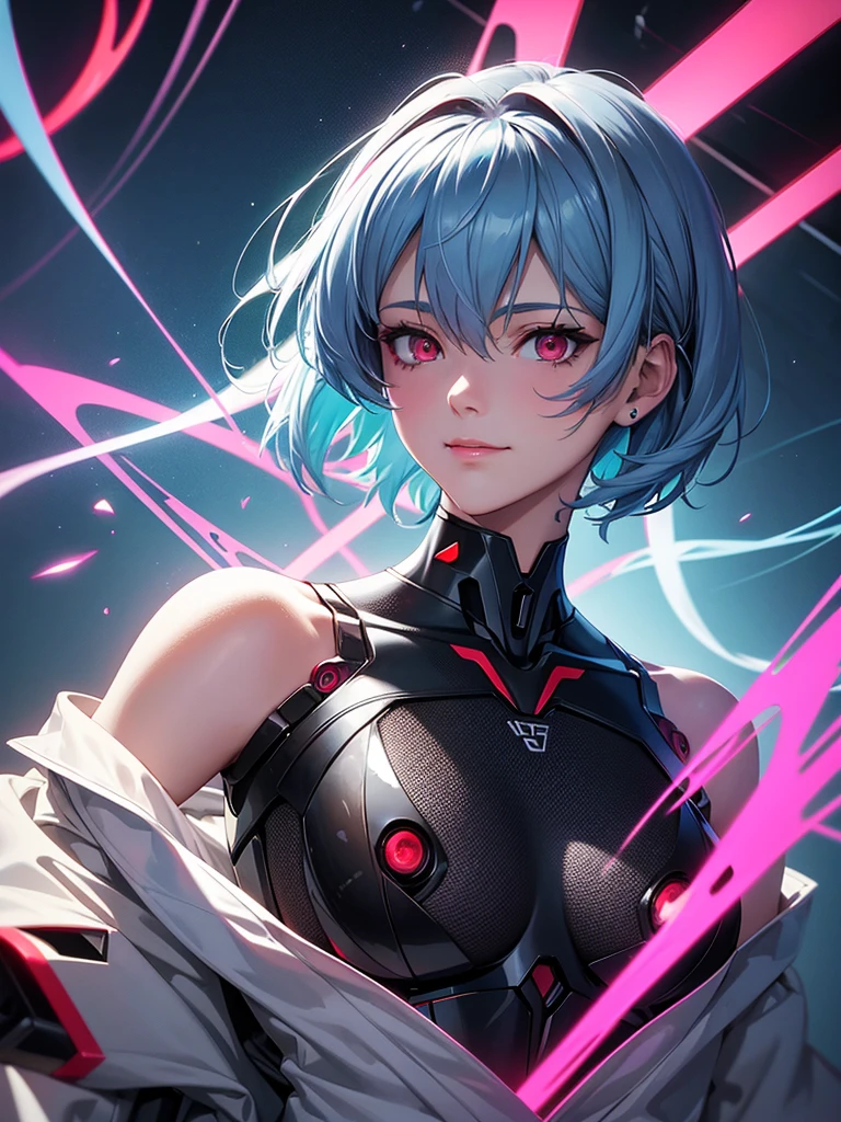 Evangelion robot in the background,Masterpiece portrait of a smiling Rei Ayanami (Evangelion), Evangelion (Hideaki), Caustics, High resolution illustration,14years, Red Eyes, Feminine, no pupils, Blue hair,  Short hair, Very small breasts,Japan , lowfers, swpunk, Synth Wave, Paint splatters, shaded flat illustration, Digital Art, Trending on ArtStation, Highly detailed, Fine detail, Convoluted, Splatter, Outrun, Vaporware, neon color