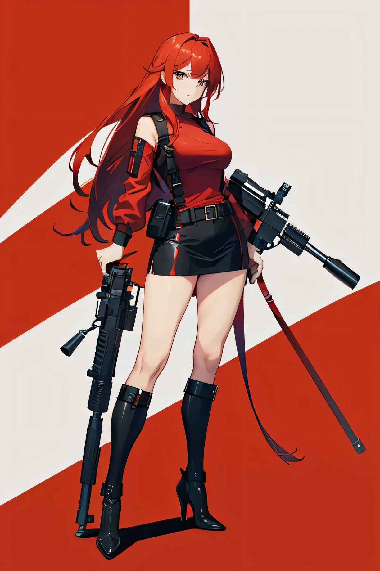 Sexy woman with red hair,Wearing a red shirt,With a bazooka,High heel,standing,look into the distance,long hair,full body shot,stand