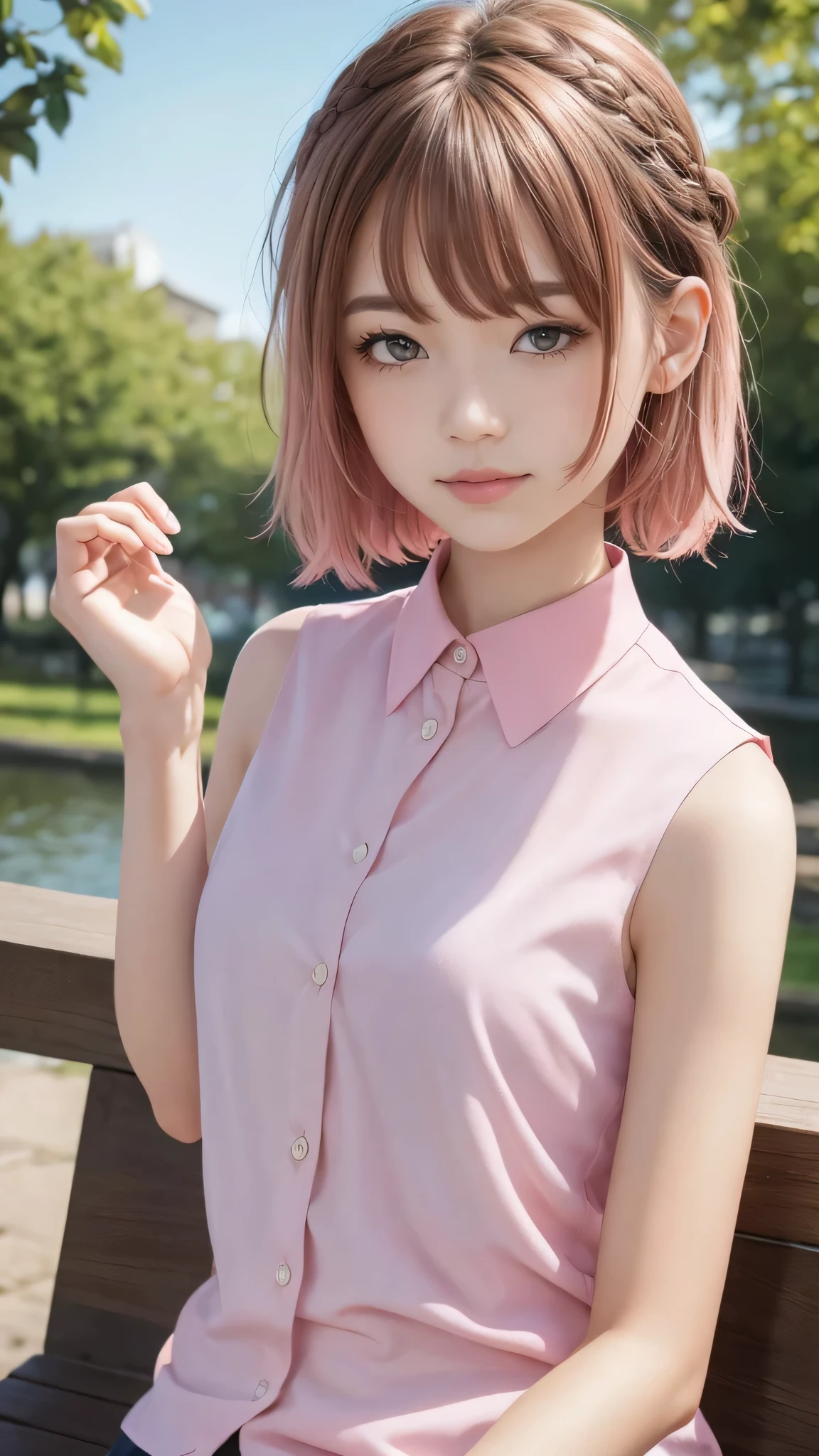 highest quality, realistic, 8K, High resolution, full color, 1 girl, woman, 20 years old woman, (closed mouth:1.73), (skin dents), (portrait:0.6), wood, park bench, dawn, ((park background:1.52)), full color, ((Sleeveless pink shirt:1.58)), looking at the viewer:1.8, (1 girl eyes looking at the viewer:1.55), (medium hair, brown hair, parted hair:1.45), (Bokeh), 