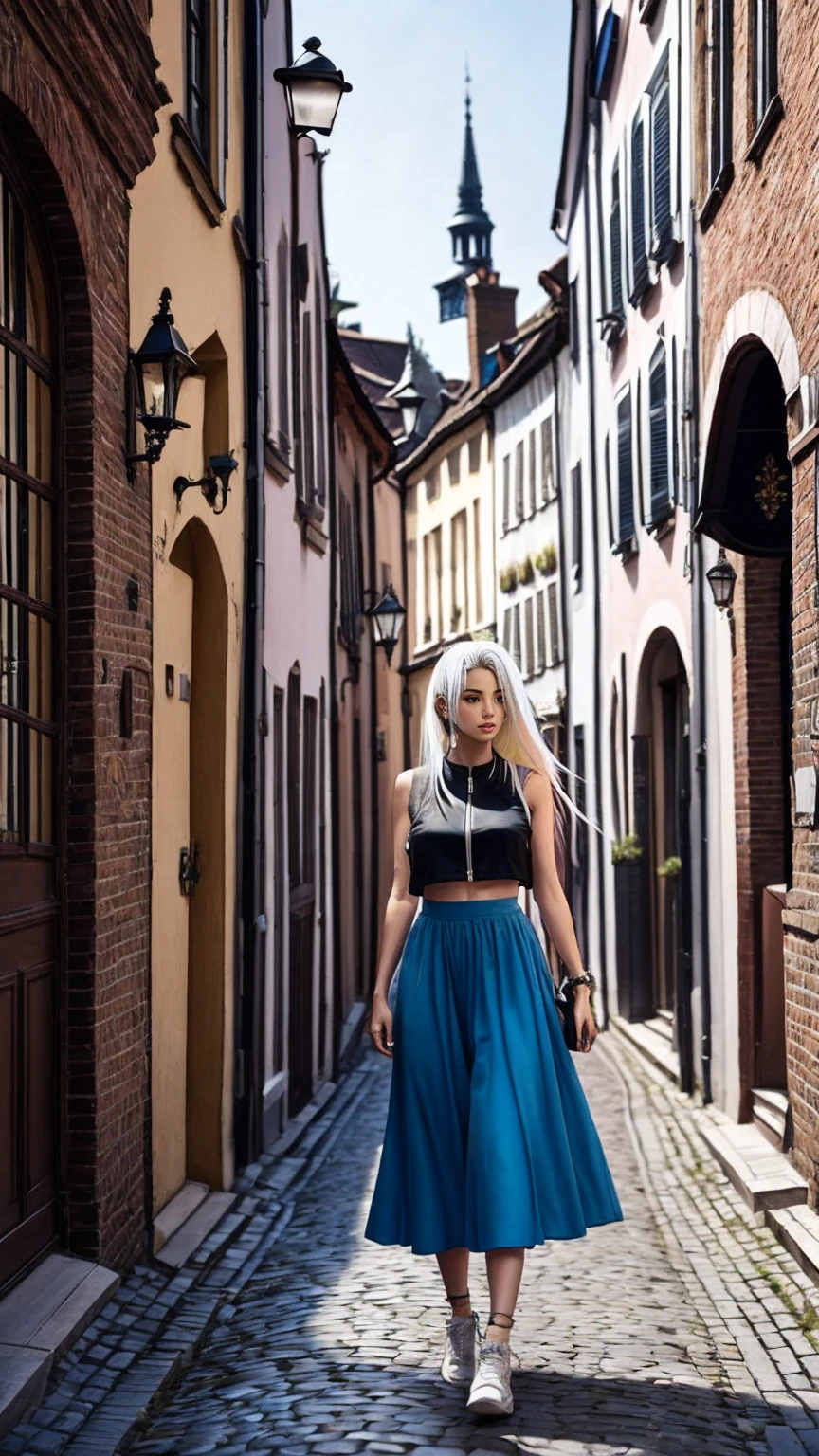 Brussels Old Town、cobblestone、1 woman、Platinum blonde inner color((colored inner hair))、long hair、Wear a sleeveless zipper-up top、Wear low rise leggings