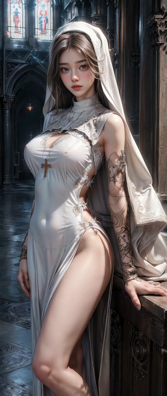 ((masterpiece, highest quality, Highest image quality, High resolution, photorealistic, Raw photo, 8K)), ((Extremely detailed CG unified 8k wallpaper)), (huge stunning goddess shot, very hot and sexy, jaw-dropping beauty, perfect proportions, beautiful body, slim body beauty:1.4), Medieval church, brick walls, young nun crying for the camera, ((nun, wearing white nun's outfit, no skin showing, Cross, intricate detailing:1.3)), white saint,