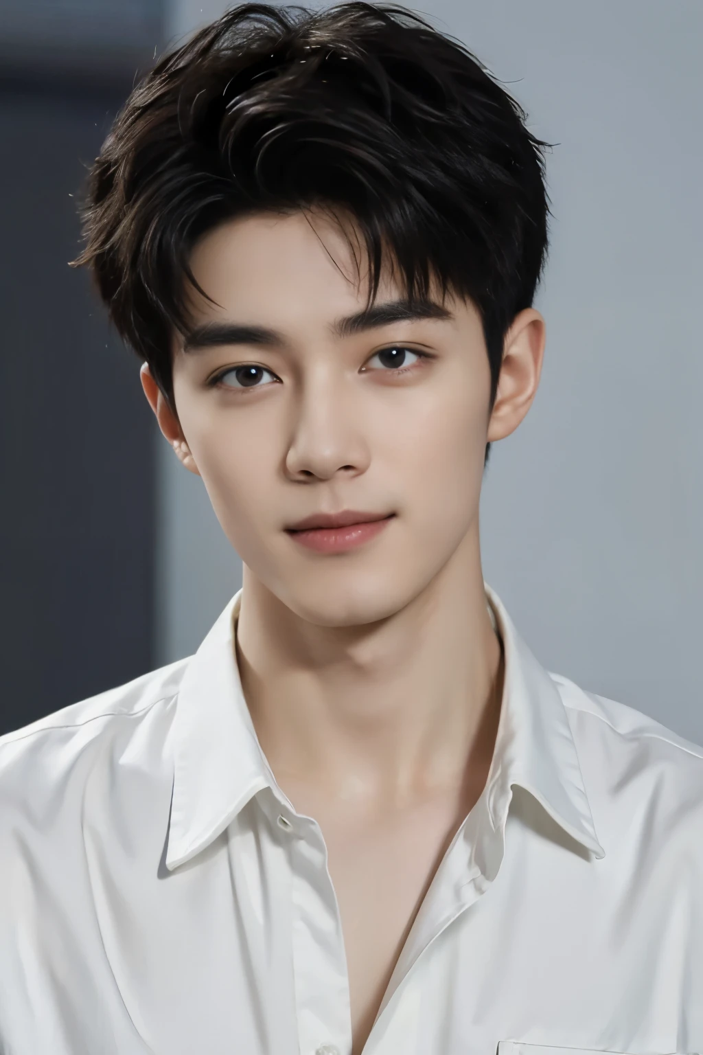 ((Top  Quality, 8K, ​masterpiece: 1.3))、Cool Korea Man, １Man with a、20yo、Well-formed face、Handsome nose、smiling、 detailed eyes and face、beautiful  lighting、(studio)、Hight Resolution、（looking looking at viewer）、detailed mouth、Sorrisos、s whole body: 1.5, perfect body figure: 1.3, Pictures of both shoulders:1.3, Casual clothes:1.5