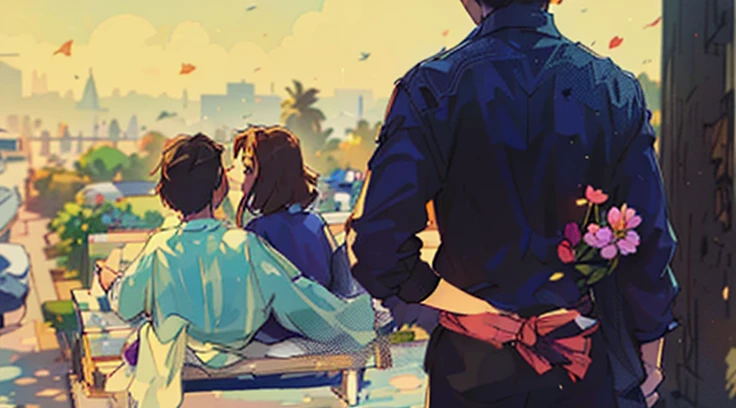 A man and a woman sit on a bench looking at the scenery, With your back turned, over his shoulder, A man standing hiding a flower behind his back. very realistic, turning away, ((supersaturated)), Back-shot, She has long brown hair,Her back is with us, very realistic, The person turned his back, supersaturated, Behind-the-scenes photo stills, edited, his arms are behind his back, illustration!, jealousy (((A man and a woman sit on a bench))), looking at the scenery, With your back turned, over his shoulder, A man is wearing a white blouse and standing with a bouquet of flowers hidden behind his back.,((Ergonomic palm grip shape)),very realistic, turning away, ((supersaturated)), Back-shot, She has long brown hair,Her back is with us, very realistic, The person turned his back, supersaturated, Behind-the-scenes photo stills, edited, his arms are behind his back, illustration!, jealousy