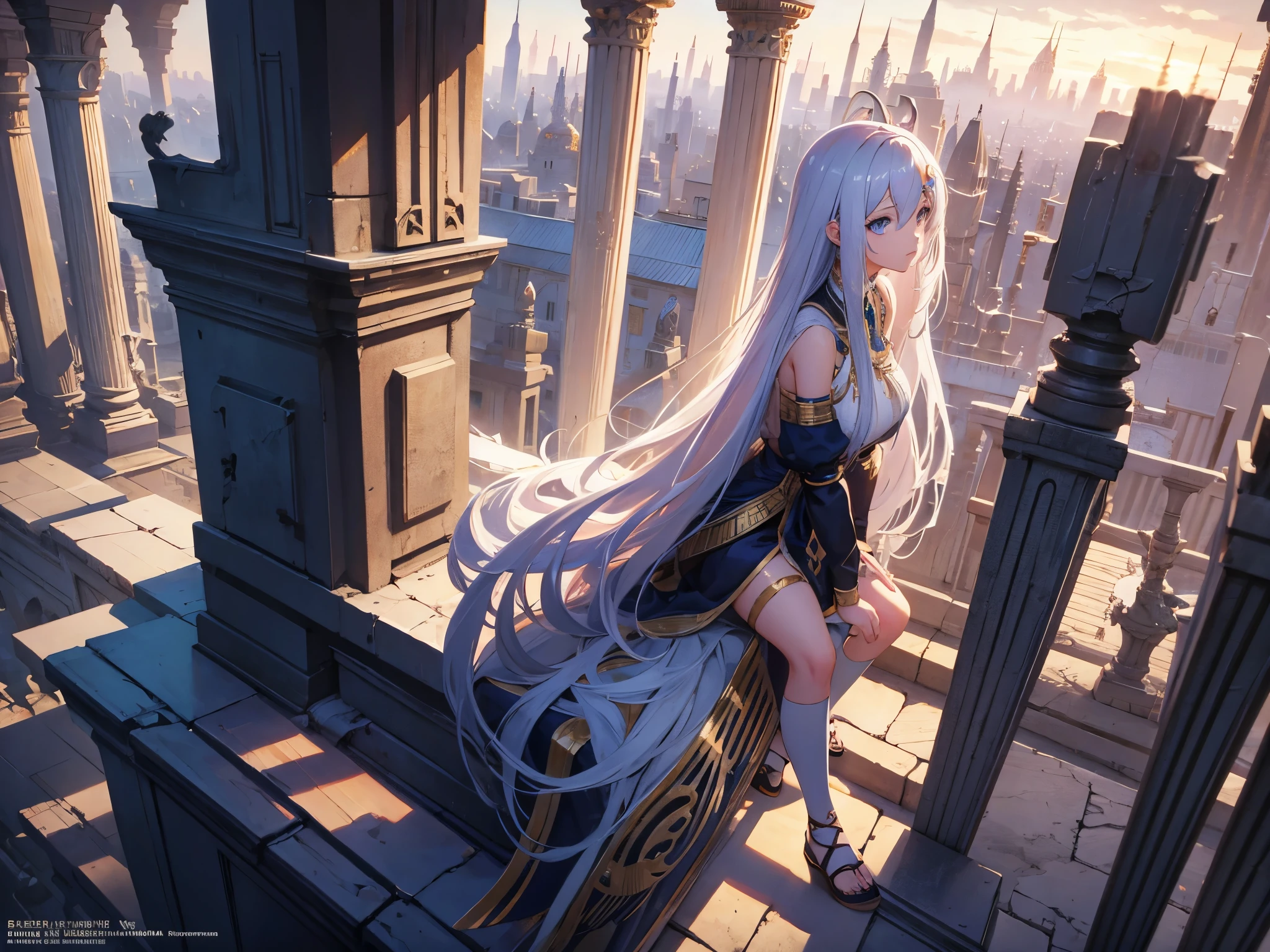 Anime girl with long white hair sitting on a ledge and looking at the city, 2. 5 d cgi anime fantasy illustrations, anime fantasy illustrations, anime fantasy illustration, Android girl in Egyptian ruins, beautiful fantasy anime, High quality 8K detailed art, In front of a fantastic city, beautiful fantasy empress, Gwaites style artwork, anime style 4k
