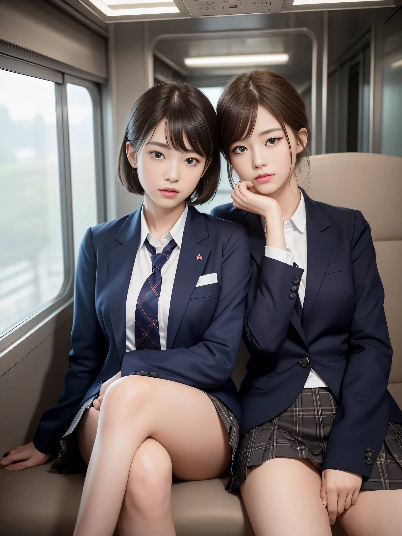 (masterpiece:1.3), (8k, Photoreal, RAW photo, best image quality: 1.4)、(random hairstyle:1.2)、super detail face、pay attention to details、double eyelid、、sharp focus:1.2、Beautiful woman:1.4、light brown hair、highest quality、masterpiece、超A high resolution、(Photoreal:1.4)、Highly detailed and professional illuminated smile、thin、serious expression、short hair、deadly position,whole body,Focused,(8K, Raw photo, highest quality, masterpiece: 1.2, realistic, photorealistic, photon mapping, photon mapping, photorealistic, Super detailed, professional lighting, Low - Angle: 1.2), (1 girl), (alone: 1.5), (whole body), (Height is 170cm), (22 year old high school girl),(Inside the train), (Japanese high school uniform), (dark blue blazer: 1.2), (Short plaid skirt: 1.2), (White shirt for students), (tie: 1.2), (sitting, I'm looking forward to), (thighs open: 1.2), (light brown medium hair), (black loafers: 1.2), (beautiful face: 1.2), (perfect proportions: 1.2), (long legs: 1.2), (transparent skin), beautiful body, very detailed,Voyeurism,natural perspective,look elsewhere,glare