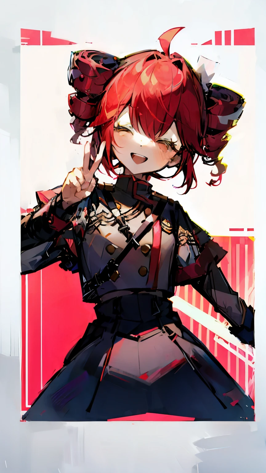 Red-haired girl, put out one's hand, Peace sign, laughing