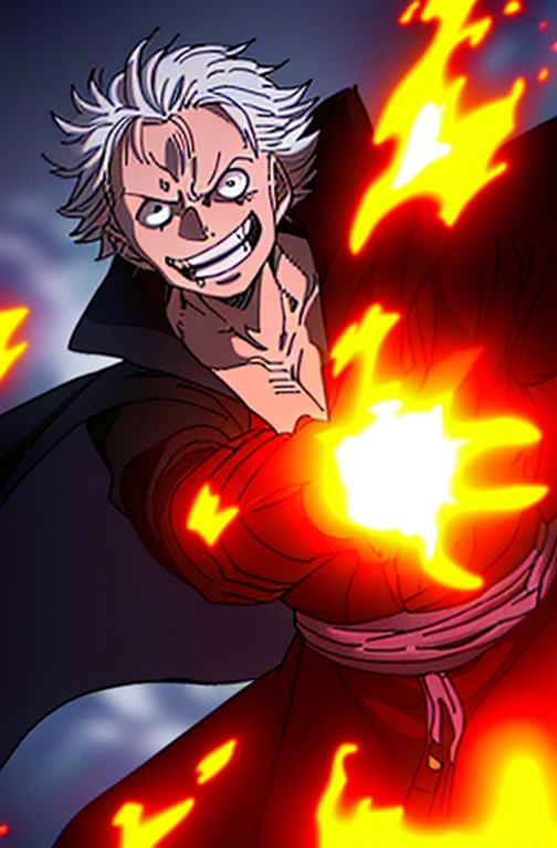 1boys, wanostyle, red eyes, grey hair, scary Smile, Straw hat, look viewer, solo, Upper body, ((masterpiece)), (Best quality), (Extremely detailed), Depth of field, sketch, dark intensive shadows, Sharp focus quality, hdr, Colorful, Good composition, There were fires all around, spectacular, Closed shirt, Anime screenshots, Scars on the left eye, getting ready to fight, red lightning haki, Dark eyes,deep of field,ocean background,ship,sunrays,black clothes,king pirates cape